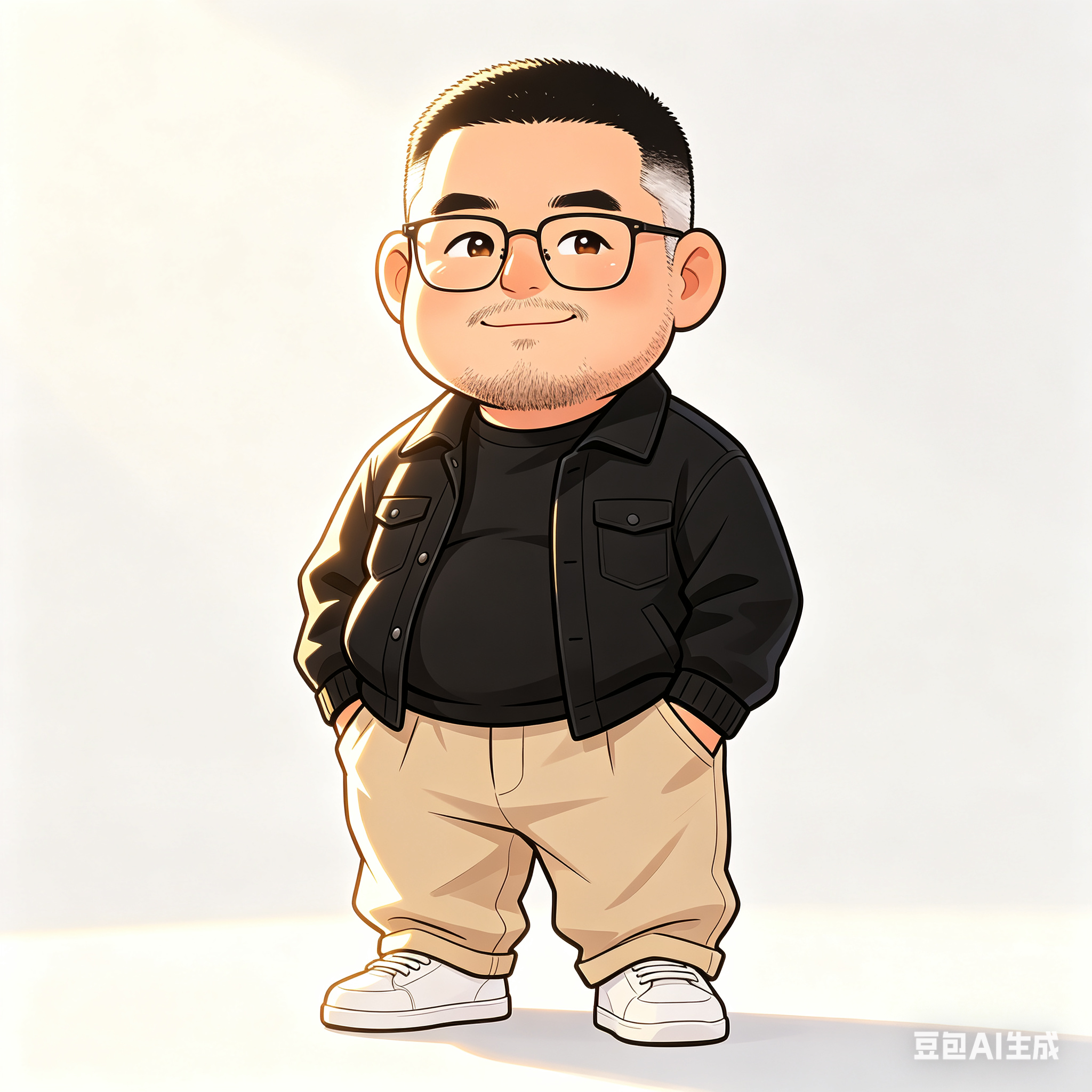 这是一幅Q版现代漫画风格的画面，采用极简画风呈现。主体是一位四十多岁的大叔，有着脸部立体、超大的脑袋，黑色寸头中夹杂着白发，戴着眼镜，下巴有着胡渣子，表情阳光自信。他穿着黑色夹克衣，露出明显的大肚腩，下身是杏色肥大的休… - AI prompt reference from CC Prompt Galaxy