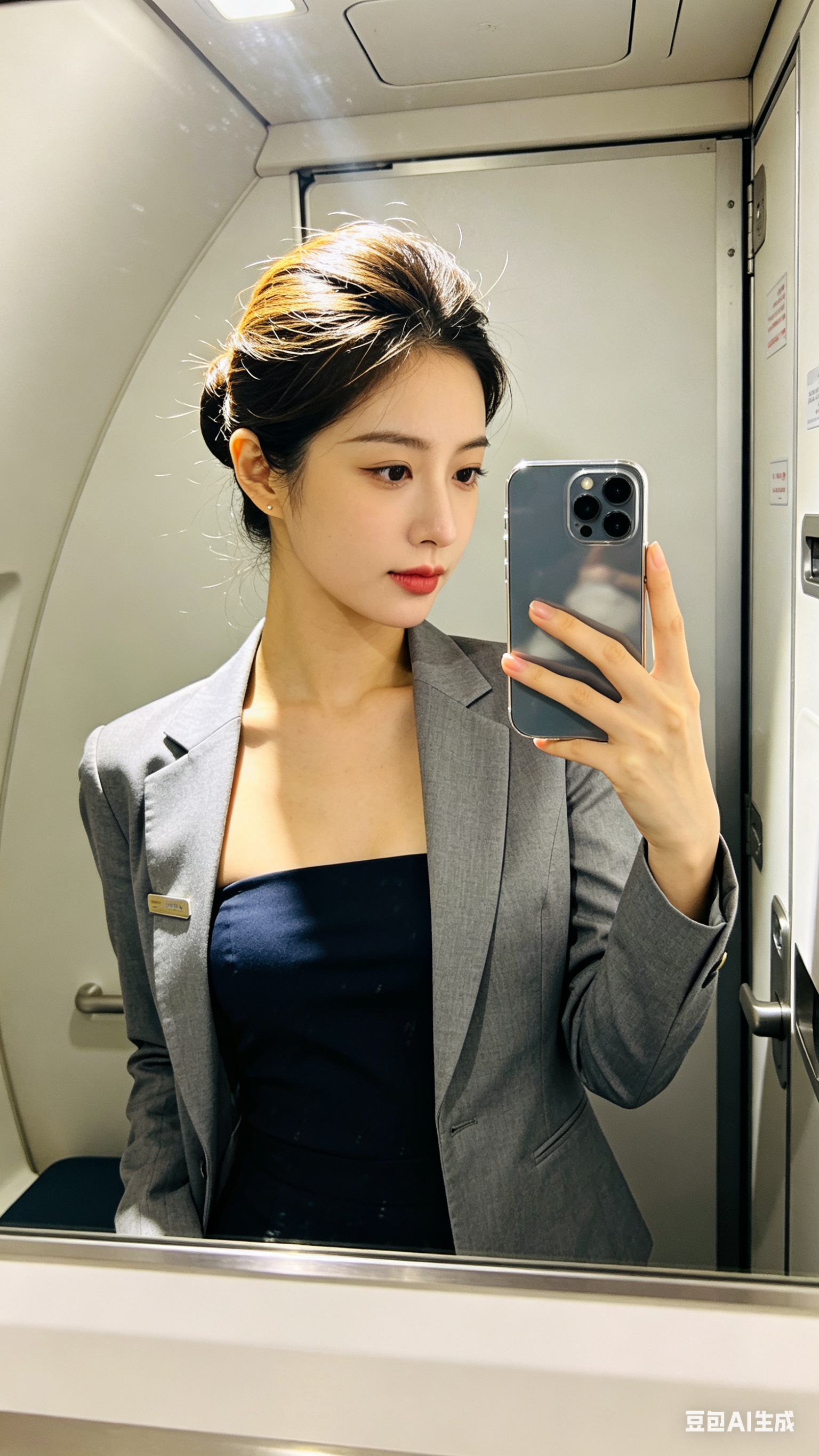 帮我生成图片：写实风格的人像摄影作品中，一位美女空姐穿着抹胸背心外加灰色制服外套，盘着空姐发型，有着明星脸的她发丝在光线下发光。她站在机舱卫生间的镜子前用 iPhone 后置镜头自拍，开启闪光灯后，室内打光不均导致轻微… - AI提示词参考图，来自西西提示词