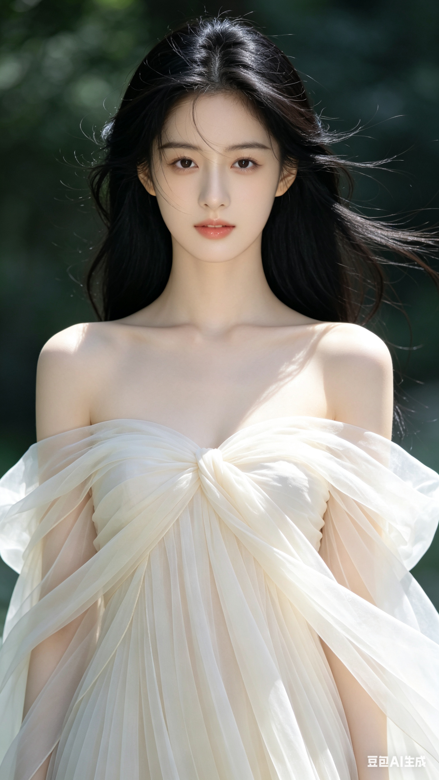 写实风格，专业人像摄影作品，电影质感，超高画质，高清晰度。特写镜头聚焦18岁女子正面全身，纯欲气质，五官精致完美，肌肤白皙无暇，黑色长发，肩颈曲线优美，身材完美。柔和明亮光线洒下，光影分明，营造空灵唯美的梦幻仙侠氛围，… - AI提示词参考图，来自西西提示词