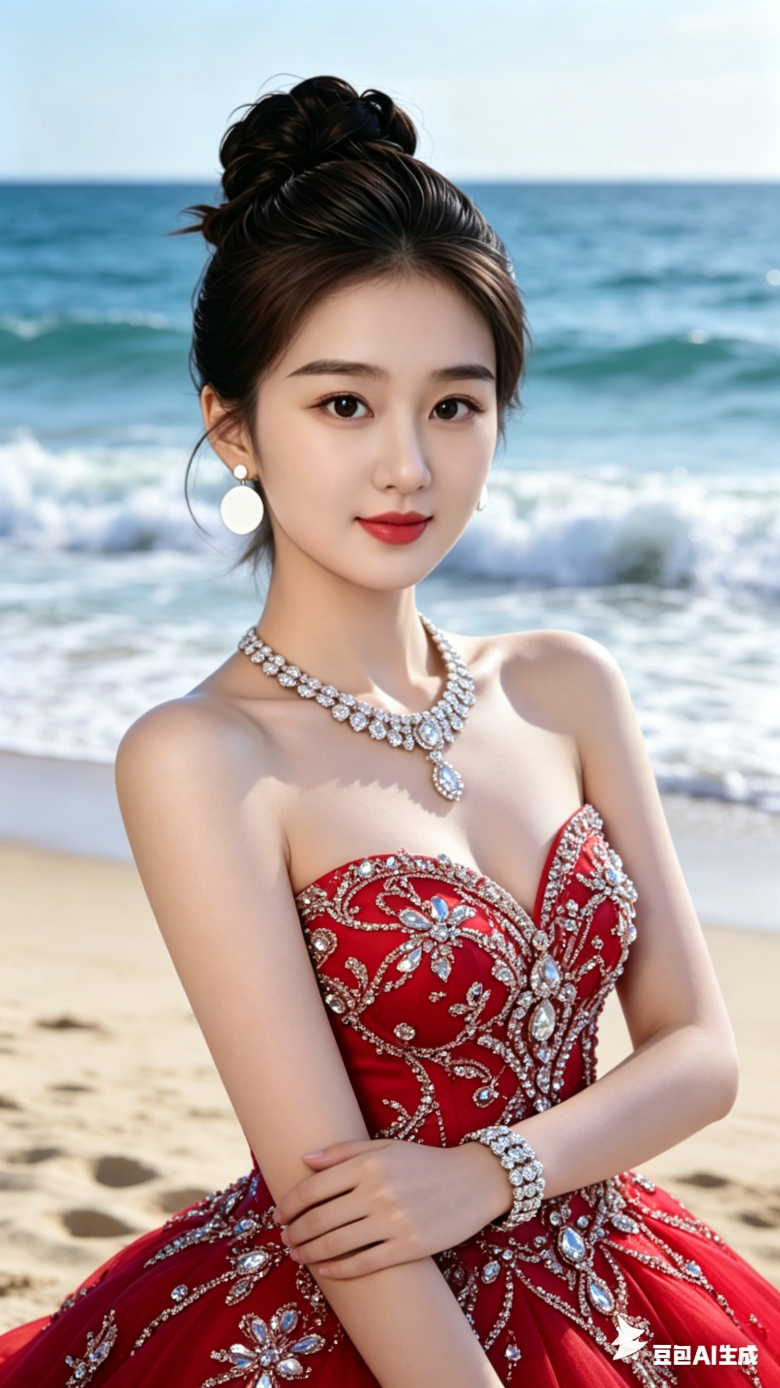 使用第二张图的人物替换第一张图的人物，并把第一张图中女子衣服换成正红色，保留衣服上的钻石装饰细节 - AI提示词参考图，来自西西提示词
