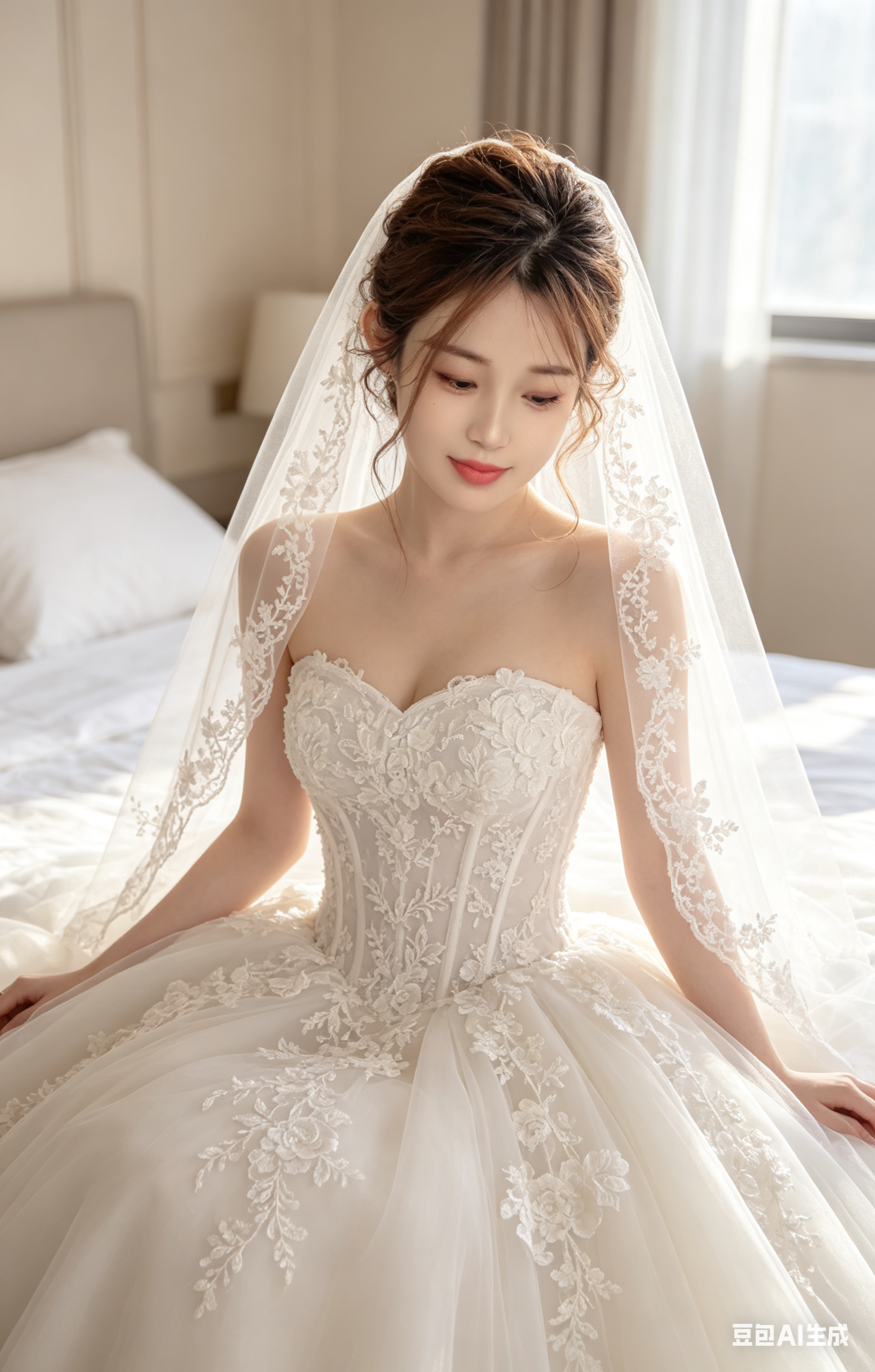 帮我生成图片：帮我生成图片：帮我生成图片：帮我生成图片：保留照片中女性的面部、眼睛、面部结构，将她变为年轻优雅的新娘，轻柔坐在舒适雅致卧室的床沿，头部微微低垂，双眼温柔下望，双唇轻闭，神情宁静梦幻。新娘身着无肩带白色b… - AI prompt reference from CC Prompt Galaxy