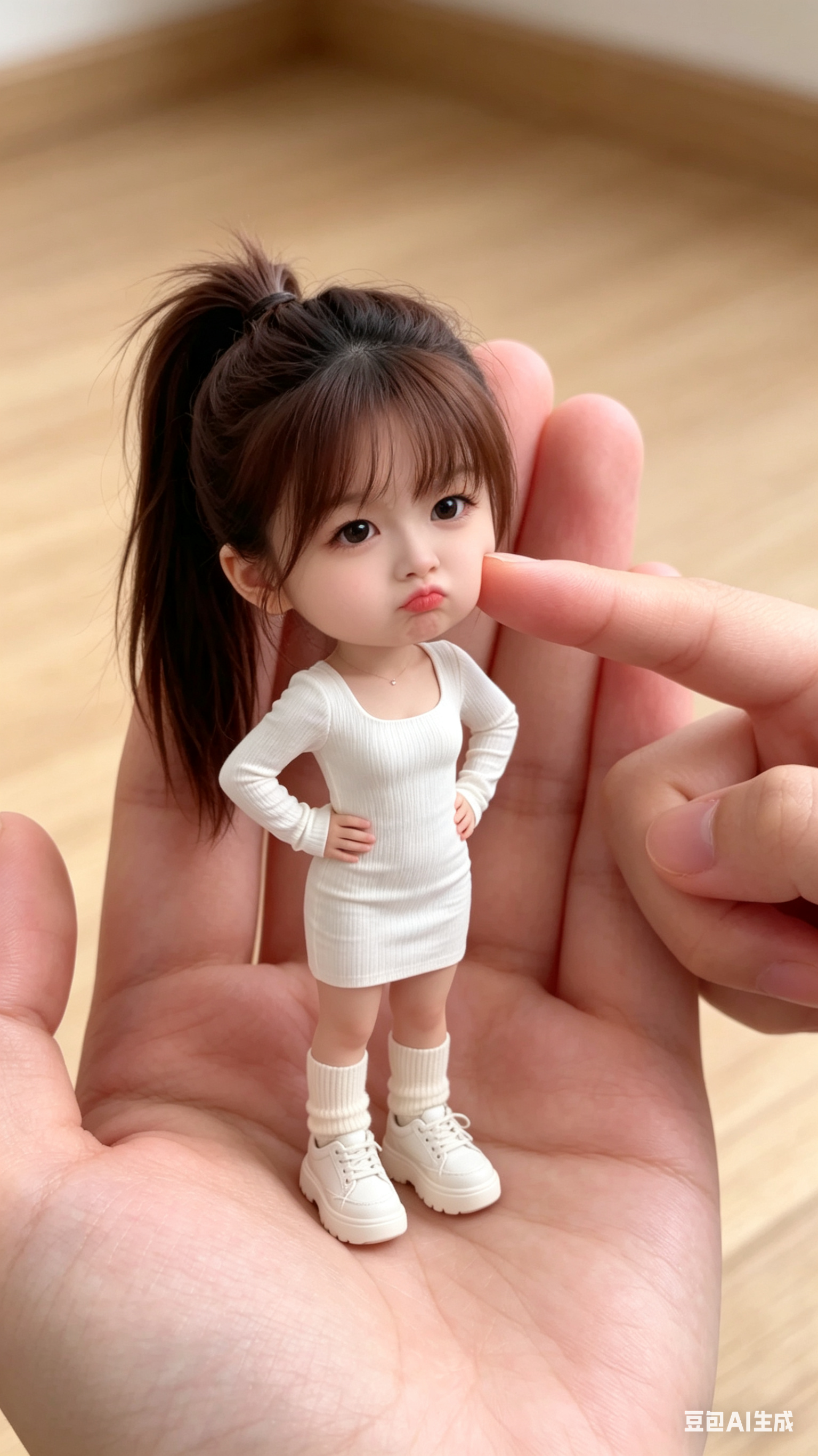 帮我生成图片：以第1张图片为参考，将人物变成掌心大小的小女孩，让她站在一个真实成年人的大手掌里，小女孩形象参考图片人物圆圆的脸蛋，水汪汪的大眼睛，长长的睫毛，软萌噘嘴表情，镜头外的大人的另一只手的食指去轻触小女孩的脸颊… - AI提示词参考图，来自西西提示词