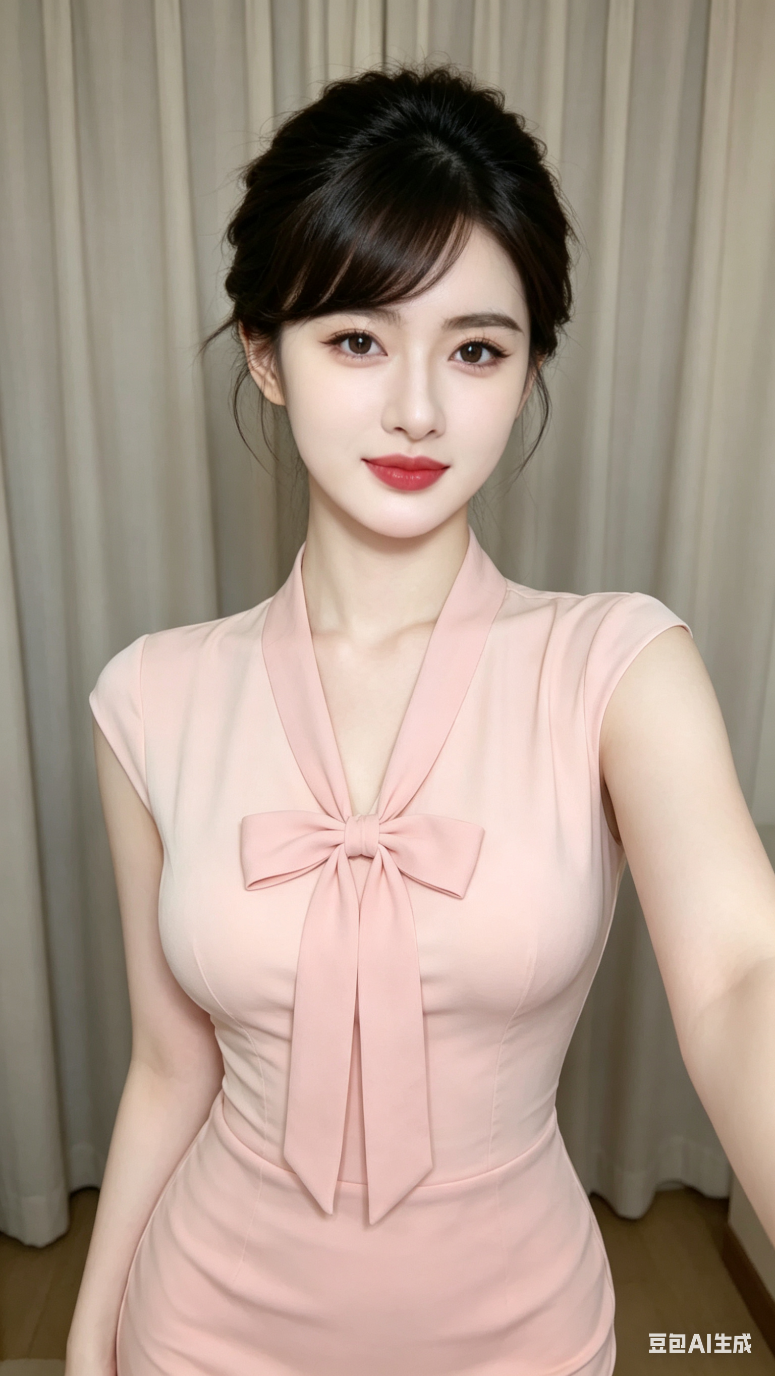 帮我生成图片：帮我生成图片：帮我生成图片：将图中的女生改为平面视角，看着镜头的网红美女自拍照，脸型精致妆容精致鼻梁高挺，皮肤白皙，底妆通透，肤色均匀自然，纯欲风，发丝清晰可见冷白皮盘发，纯欲风，穿搭粉色开领裙子，领口有… - AI提示词参考图，来自西西提示词