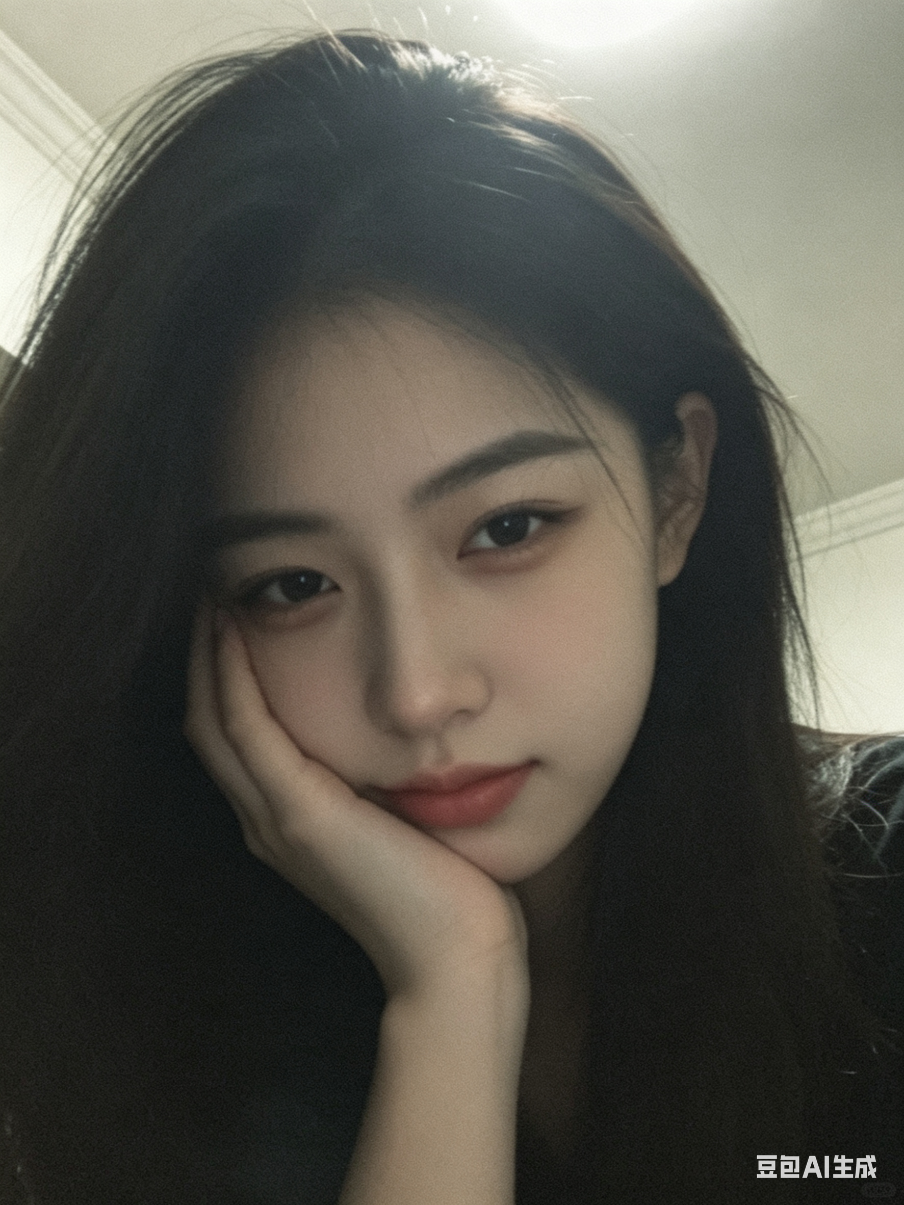 帮我生成图片：手机拍摄风格，画面偏模糊，低饱和度，可爱少女对脸自拍，仰拍视角，少女有着分明的眉眼，眼神略带慵懒，头发不凌乱感，背景能看到部分天花板和灯光，增加手部自然托腮动作。东北人？身材高大！比例 3:4。 - AI prompt reference from CC Prompt Galaxy