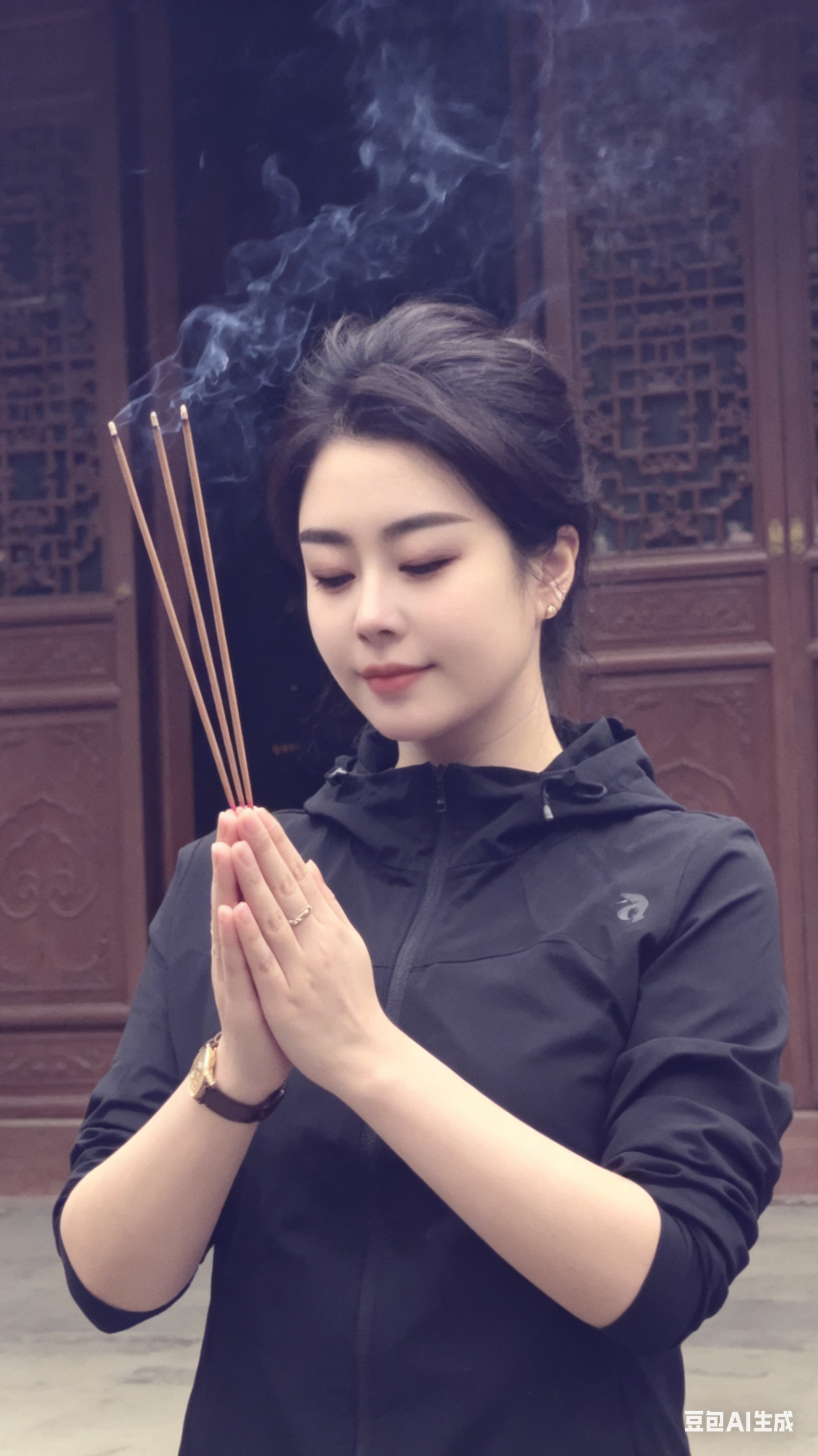 参考第一张图片的场景和动作，参考第二张图片的人物面部，生成特写镜头中，女子双手合十举着三炷香，烟雾袅袅上升，镜头缓缓推近她的面部，展现其平静虔诚的表情，背景是古色古香的雕花木门。原比例。 - AI提示词参考图，来自西西提示词