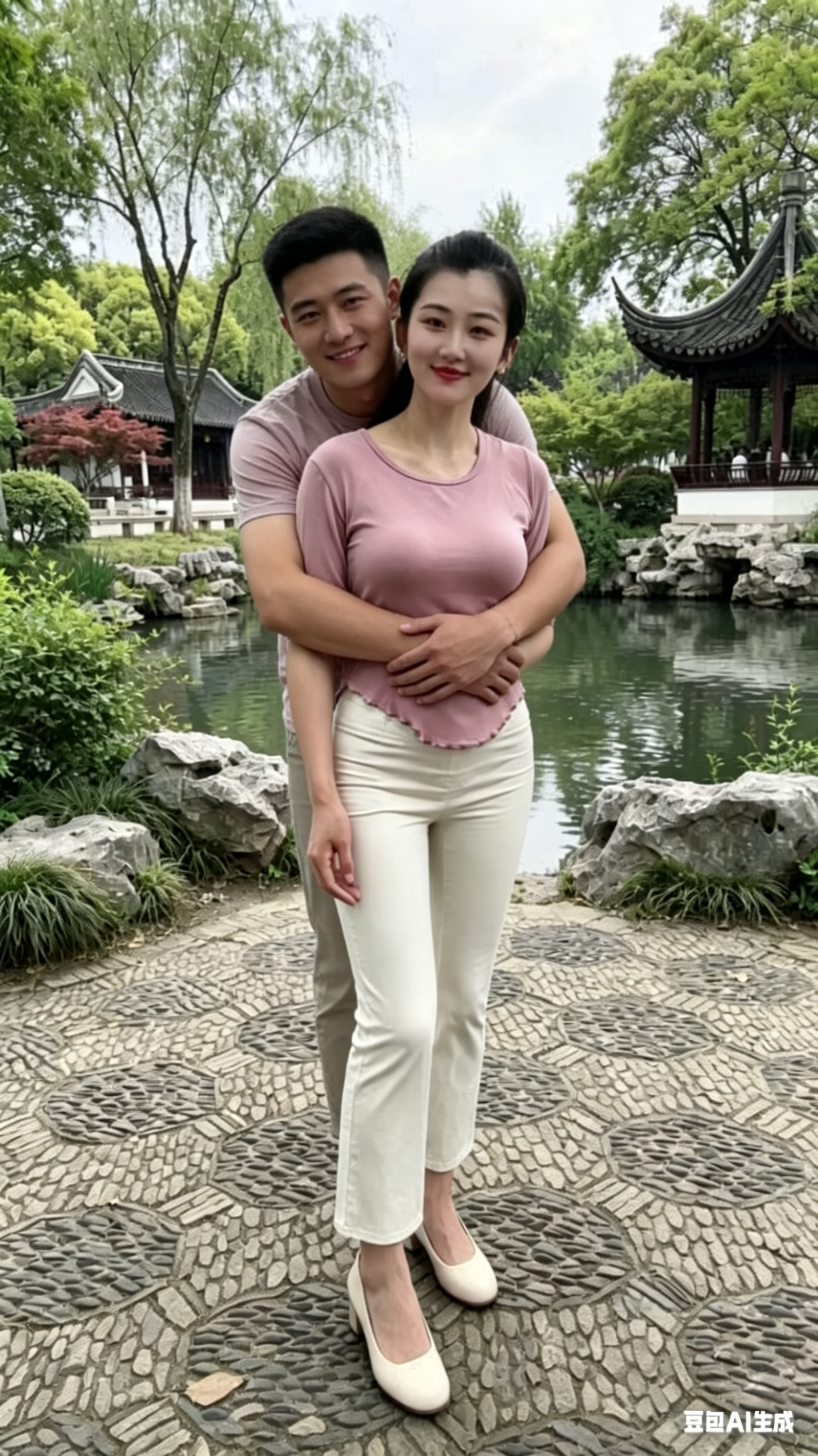 将第一张图片中的女生替换为一对亲密的情侣，男生从背后温柔拥抱女生，两人面带微笑 - AI提示词参考图，来自西西提示词