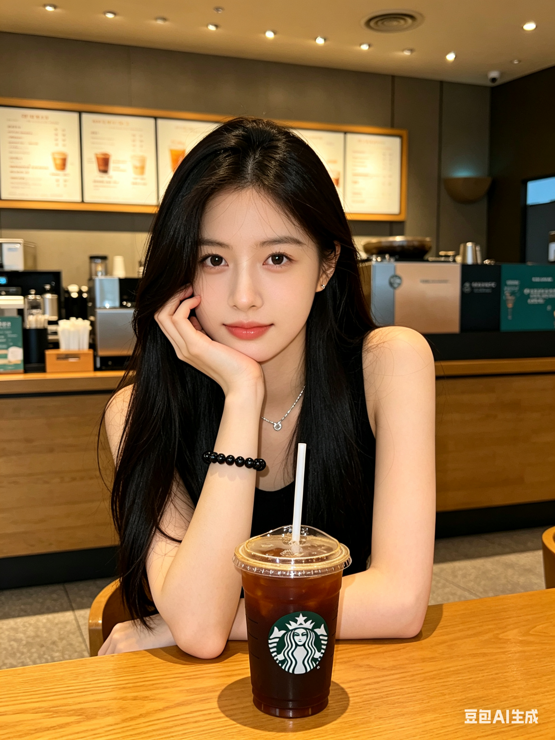 画面中是一位19-25岁的年轻女性，她留着一头乌黑亮丽的长发，身着黑色无袖上衣，佩戴着黑色串珠手链和简约银色项链，手肘撑在星巴克（Starbucks）门店的木质桌面上，手托着下巴，眼神清澈恬静。她面前的冰咖啡饮品杯身带… - AI提示词参考图，来自西西提示词