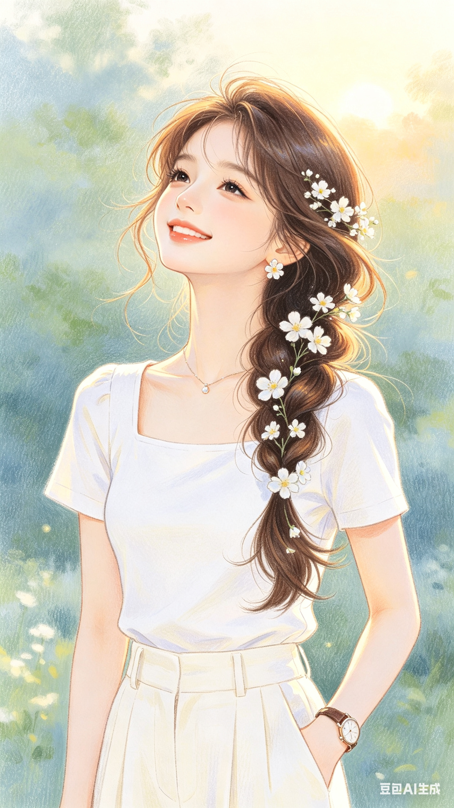 帮我生成图片：治愈系动漫插画手绘彩铅风格。东方江南都市萌娃，女，幼态脸，瓜子脸，尖下巴，三庭五眼均衡。大眼睛双眼皮长睫毛黑眼珠，瓷肌白肤偏冷白皮，细腻陶瓷水嫩肌，美白透亮。妆容精致随机，优雅可爱，微微仰头沉醉状，甜美笑… - AI提示词参考图，来自西西提示词