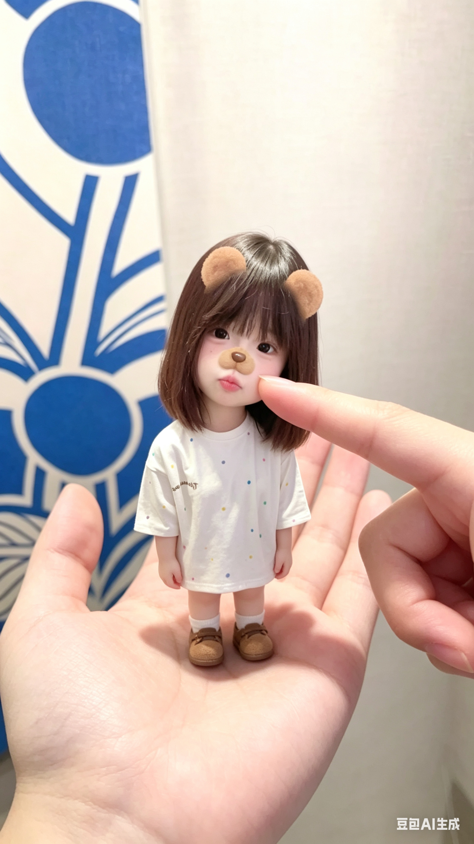 将图片里的人物变成真人版的迷你小人，人偶有着圆嘟嘟的脸蛋、俏皮噘起的小嘴，让他站在一只摊开的手掌手心，从镜头前的右侧身出一根手指戳在小人的脸上，调整小人的站姿让他更可爱灵动一些，让小人微微歪头显得更加俏皮，个子矮一点，… - AI提示词参考图，来自西西提示词