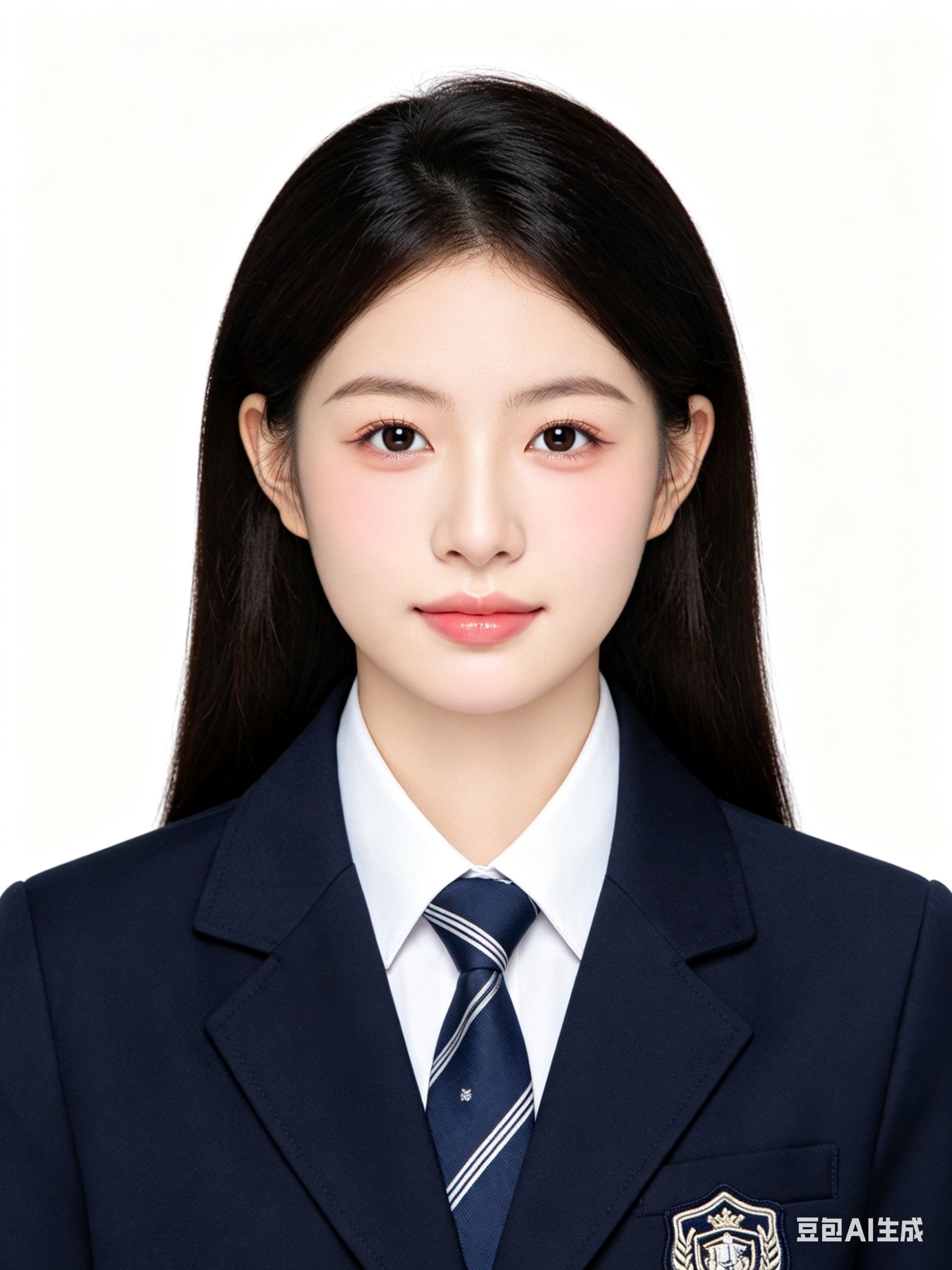 8K高清人像摄影，正面平视，纯白背景，年轻东亚少女，五官精致，皮肤白皙细腻，真实皮肤质感，电影感柔光效果，中分发型，无眼镜，温柔甜美气质，妆容干净清透，粉色自然腮红，眼妆精致，穿着藏青色学院风西装制服，内搭白色尖领衬衫… - AI提示词参考图，来自西西提示词