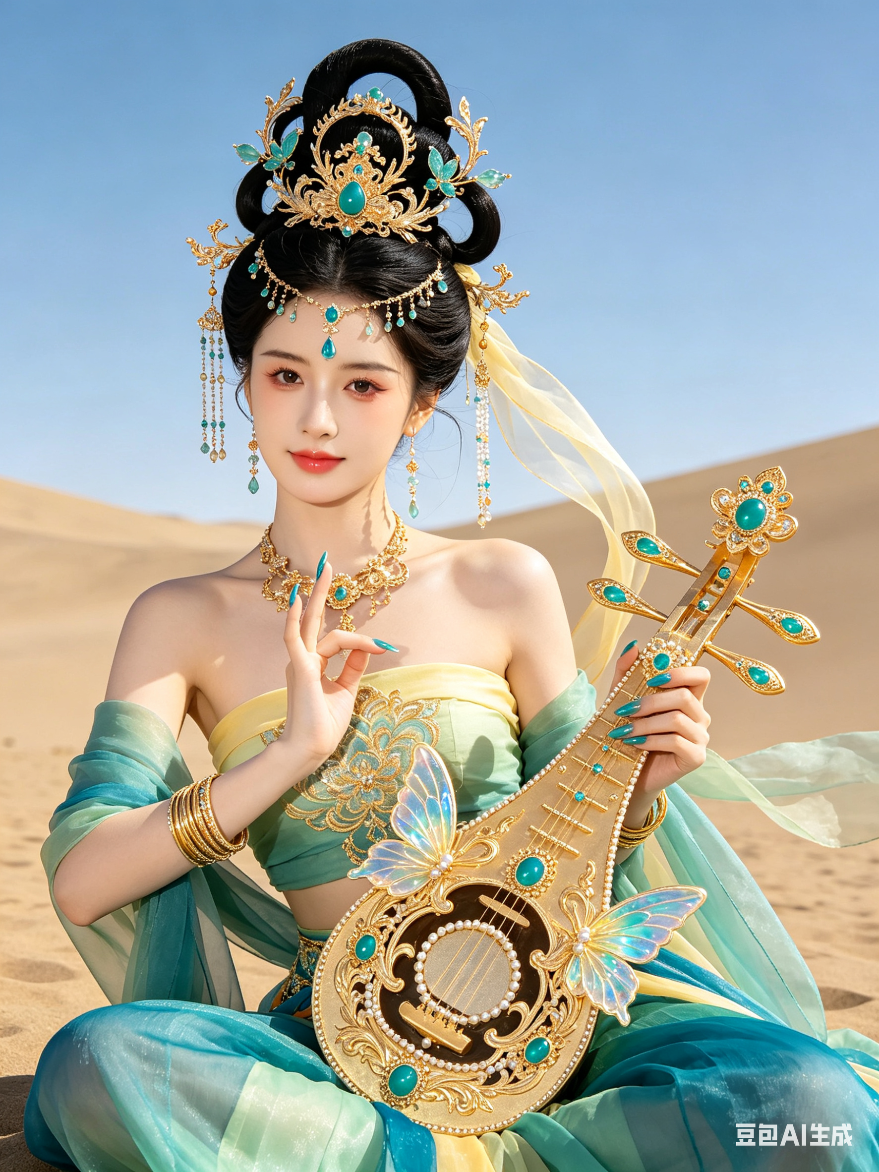 敦煌飞天风古风人像，年轻女生，皮肤白皙通透，清透妆容搭配淡红眼影与粉嫩玻璃唇，乌黑长发梳成繁复飞天高发髻。头戴重工敦煌风金饰头冠，金色雕花搭配青绿色宝石、蝴蝶琉璃装饰与垂坠珠链流苏，额间额饰点缀蓝绿色水滴宝石，发间缠绕… - AI提示词参考图，来自西西提示词