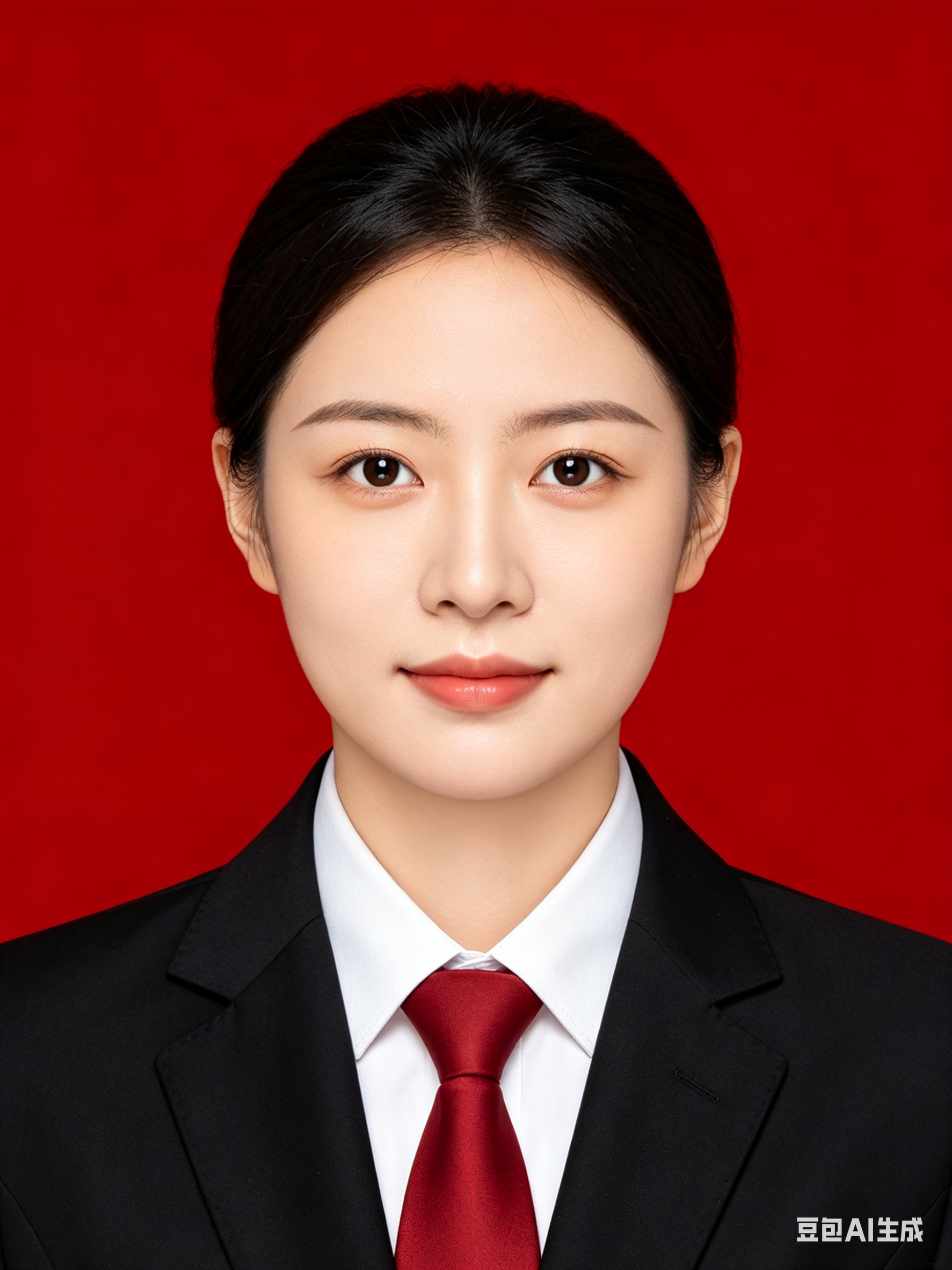 帮我生成图片：这是一张具有专业肖像摄影风格的登记照，采用了极简主义的表现手法，呈现出商业级摄影棚的效果。画面中是一位年轻美丽的女子，身着黑色西装搭配白衬衫和红色领带，整体造型端庄大方。以正面视角和对称构图展现，女子面部… - AI提示词参考图，来自西西提示词