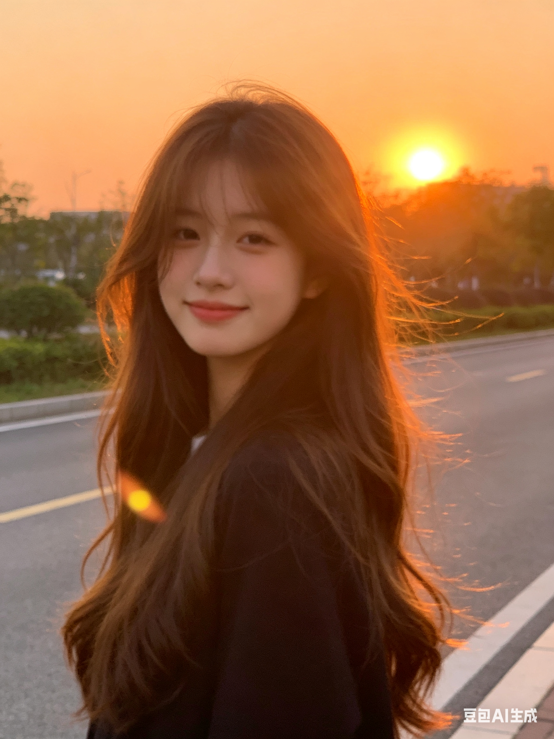 手机原相机质感，傍晚橘红色夕阳逆光柔光，长发及腰的 18 岁少女站在路边，发丝被夕阳染成金棕色，笑容温柔但模模糊糊像是随手一截的快图。她笑容温柔浅淡，光影画面柔和朦胧，清新治愈，日常随手拍氛围感。 - AI prompt reference from CC Prompt Galaxy