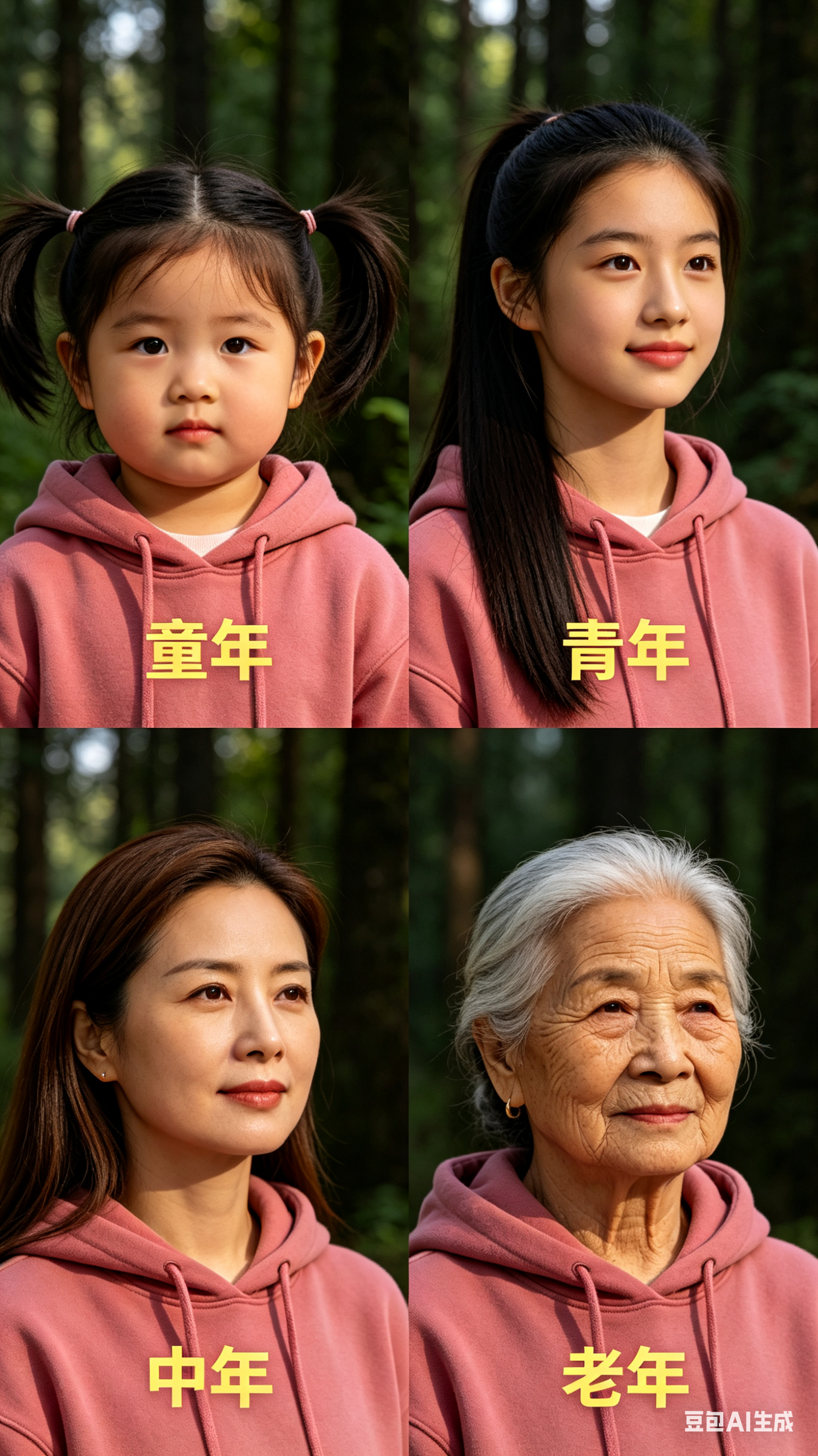 帮我生成图片：超清写实摄影风格，四宫格排版，以指定人物为原型打造跨年龄写真，人物统一穿着玫粉色连帽衫。童年格子里的小女孩扎着两个高马尾，脸颊带着婴儿肥，眼神懵懂天真，格子上方配有黄色字体的“童年”；青年格子里的少女留着… - AI提示词参考图，来自西西提示词