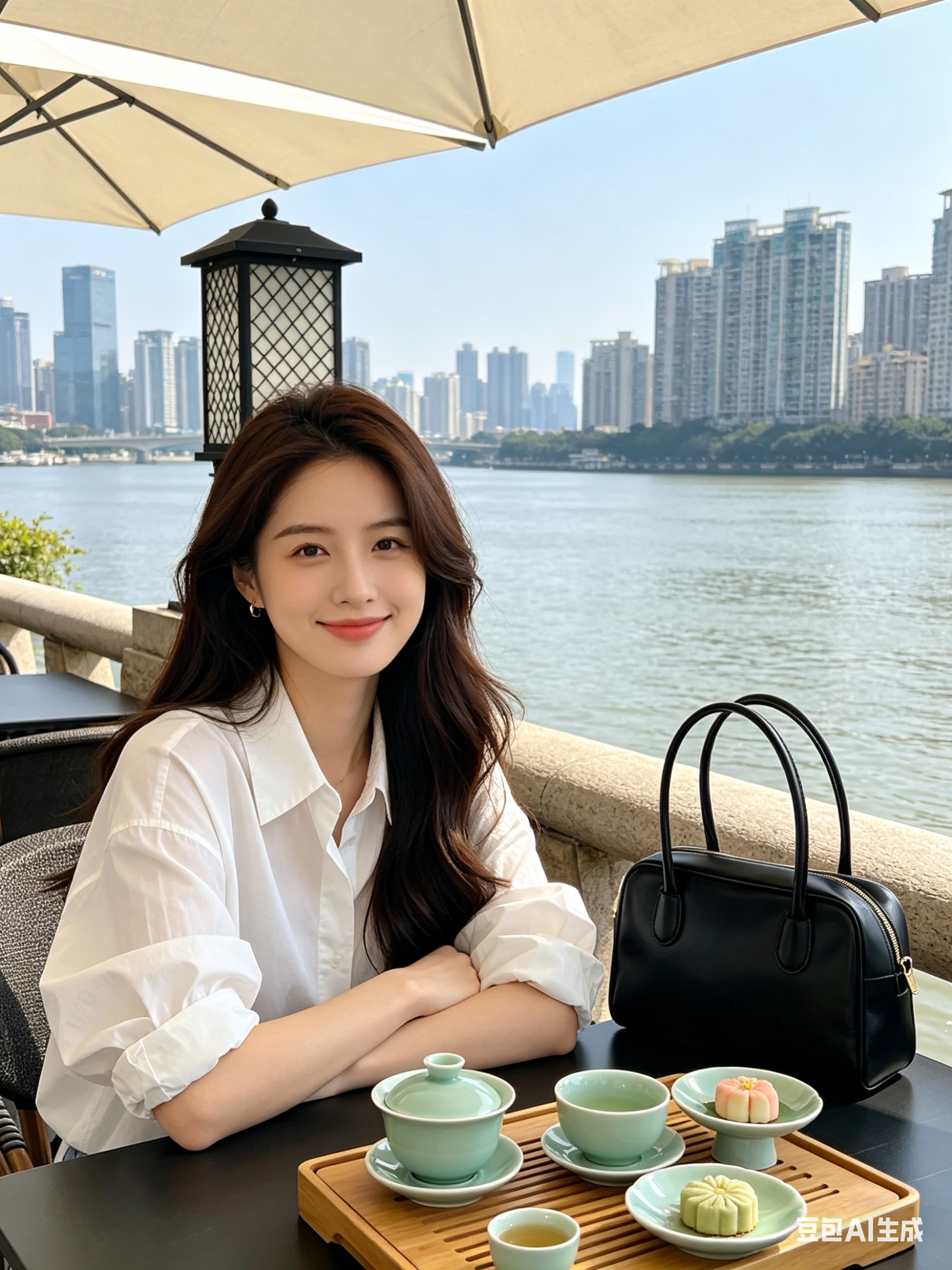 画面中是一位19-25岁的年轻女性，她留着深棕色的自然垂落长发，身着一件白色宽松衬衫，袖口卷起，正坐在户外河畔茶座的桌旁，双臂交叉放在桌面上，面带柔和微笑，眼神明亮。桌旁放置着一个黑色皮质手提包，桌上整齐摆放着青瓷茶杯… - AI prompt reference from CC Prompt Galaxy