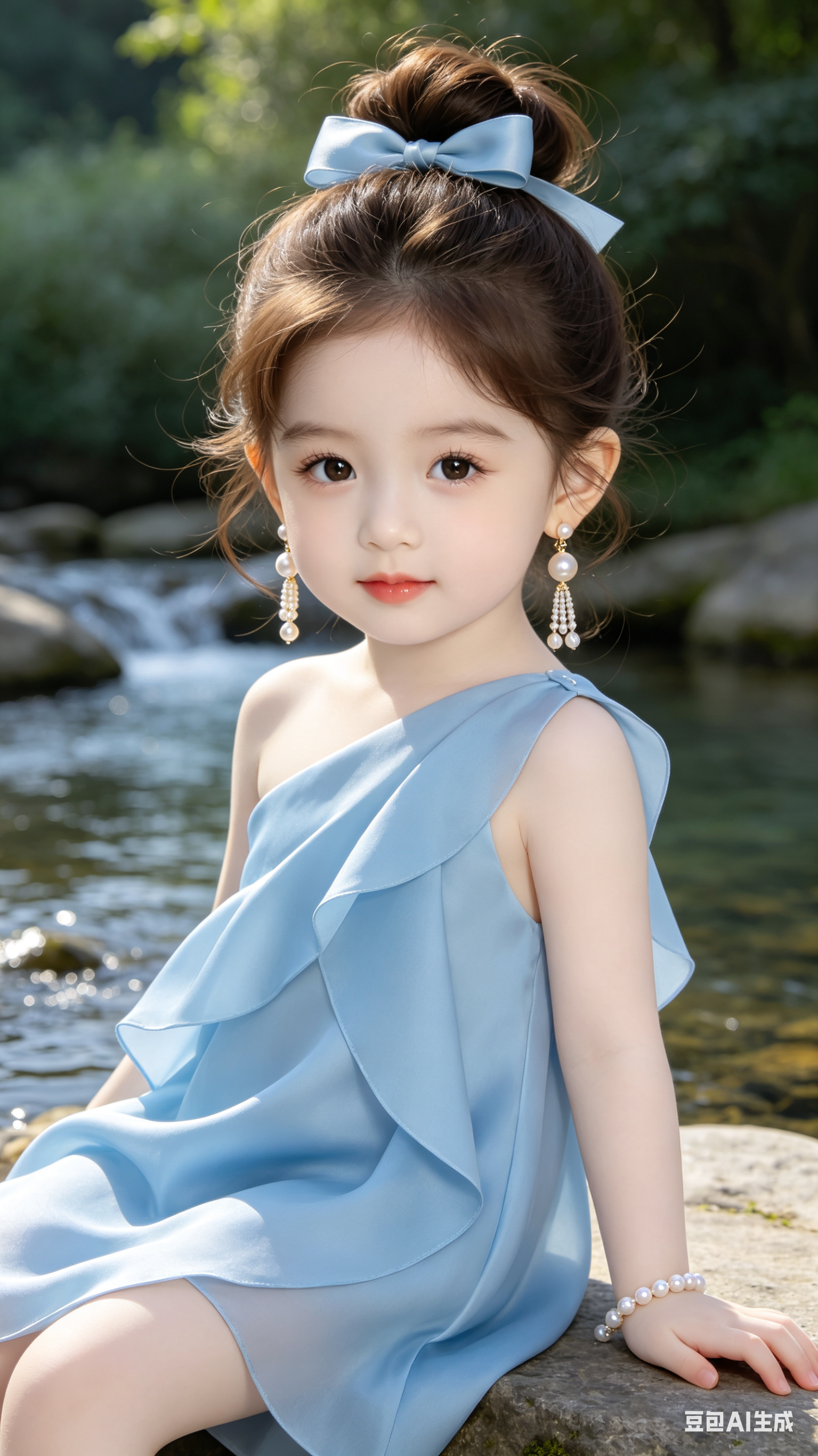 D渲染风格，超现实主义，一个很可爱的现代两岁小女孩，皮肤雪白，五官精致，大眼睛双眼皮，长睫毛，专业超写实人像特写，冷白皮，棕色丸子头有同款蝴蝶结装饰，碎发蓬松，专业真人摄影写真照，碎发蓬松，皮肤白皙，珍珠耳坠与珍珠流苏… - AI提示词参考图，来自西西提示词