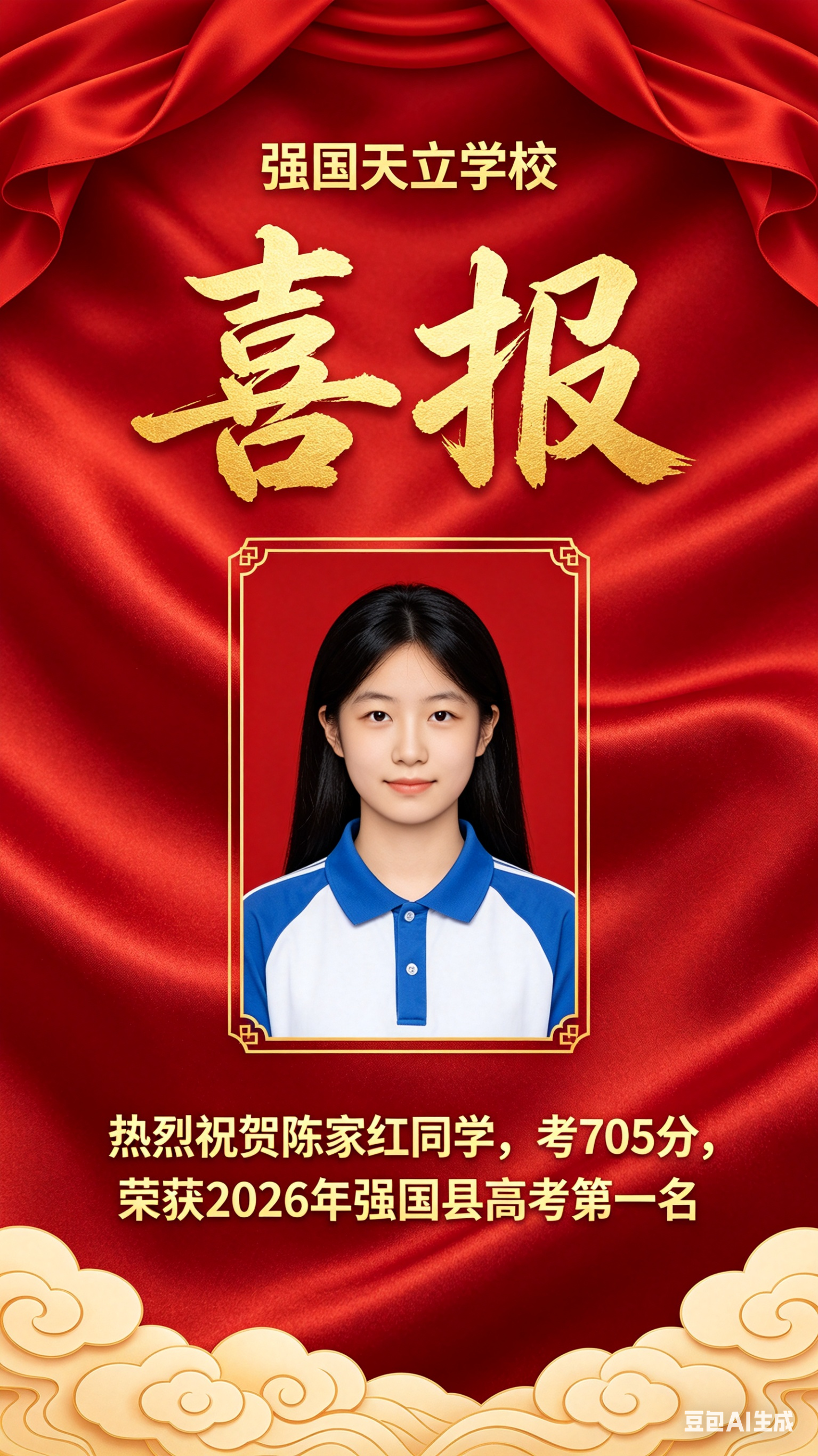 竖屏9:16图片。整体背景为喜庆大红色绸缎布料，顶部绸缎自然褶皱，底部搭配浅金色祥云纹样，国风喜报风格。画面最上方是金色字体：“强国天立学校”；居中是超大鎏金书法大字“喜报”，视觉醒目。中部金色细框内是一寸证件照，女生… - AI提示词参考图，来自西西提示词