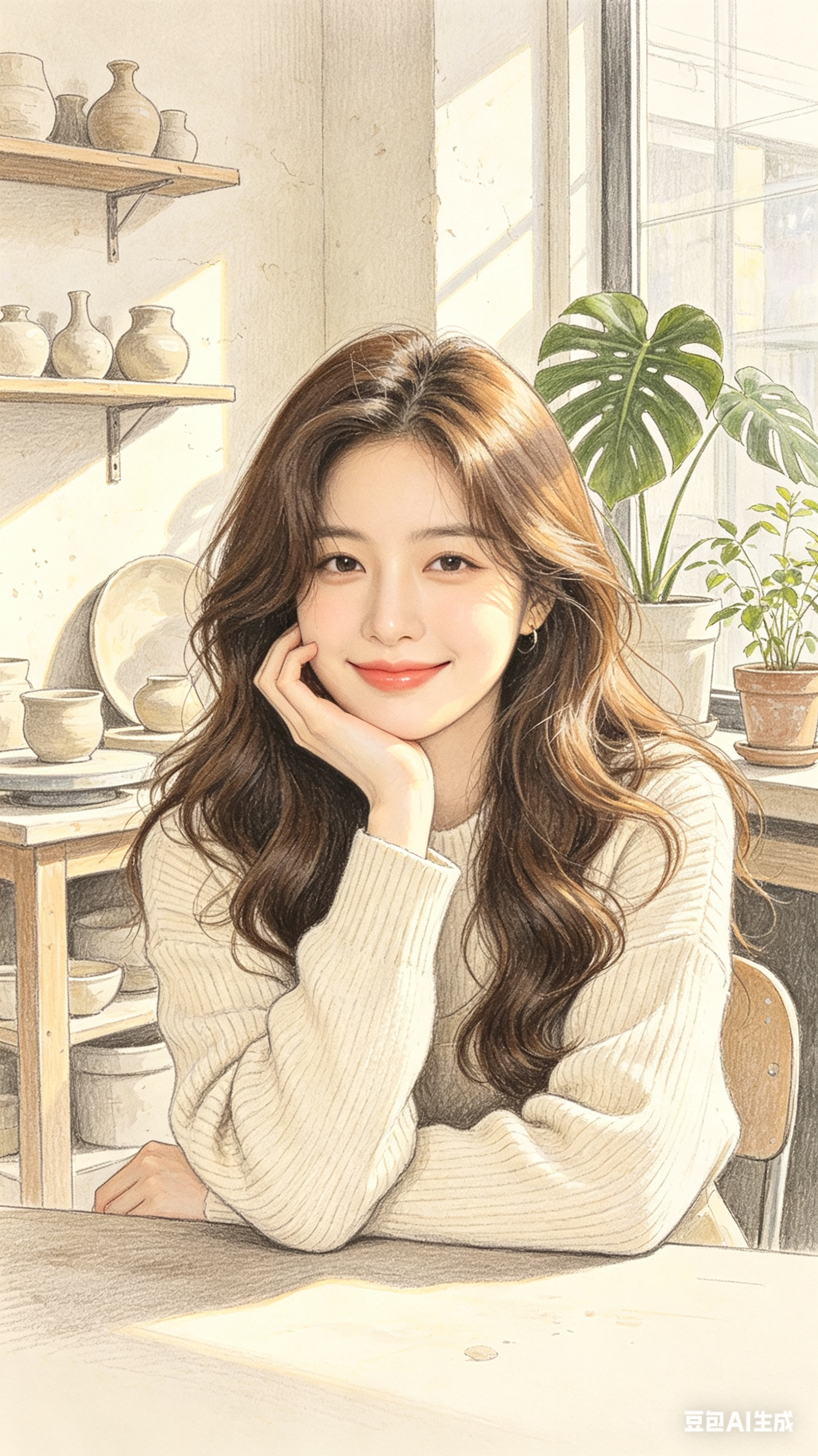 帮我生成图片：写实素描风格，主体是一位知性温柔的陶艺师女生，她有着温婉的鹅蛋脸型，淡颜淡妆尽显柔和气质，蓬松的棕调长卷发自然垂落在肩头，正手托下巴浅笑，眼神温柔又带着笑意，身上穿着米白色的温柔针织衫，背景是充满文艺气息… - AI提示词参考图，来自西西提示词