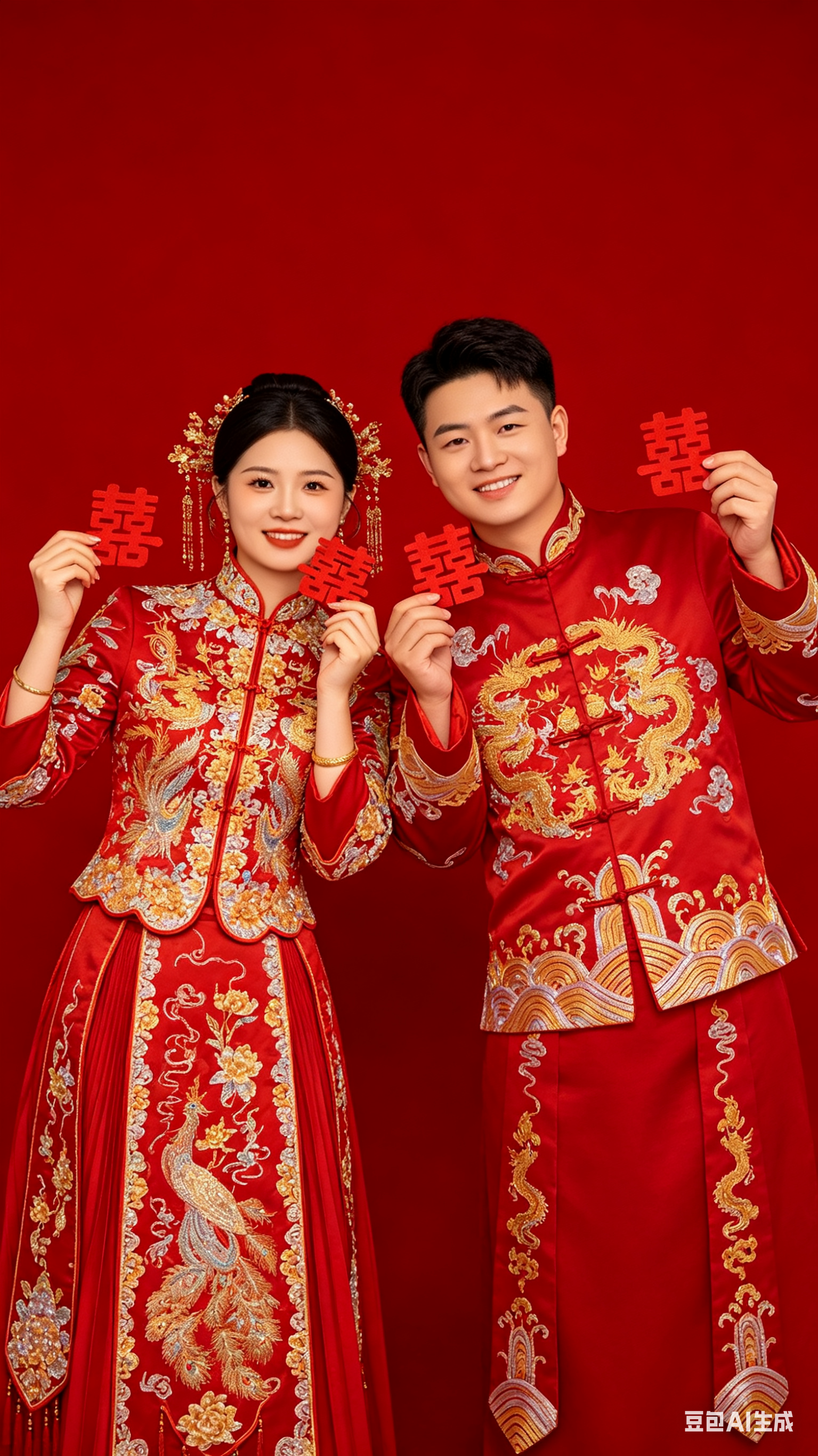 一对二十出头情侣，穿着新款中式结婚红色秀禾服，脸上露出幸福甜蜜微笑在拍婚纱照，喜庆红色背景，全身照镜头，超高清4k，中景视角，角色一致，图片风格为写真 - AI提示词参考图，来自西西提示词