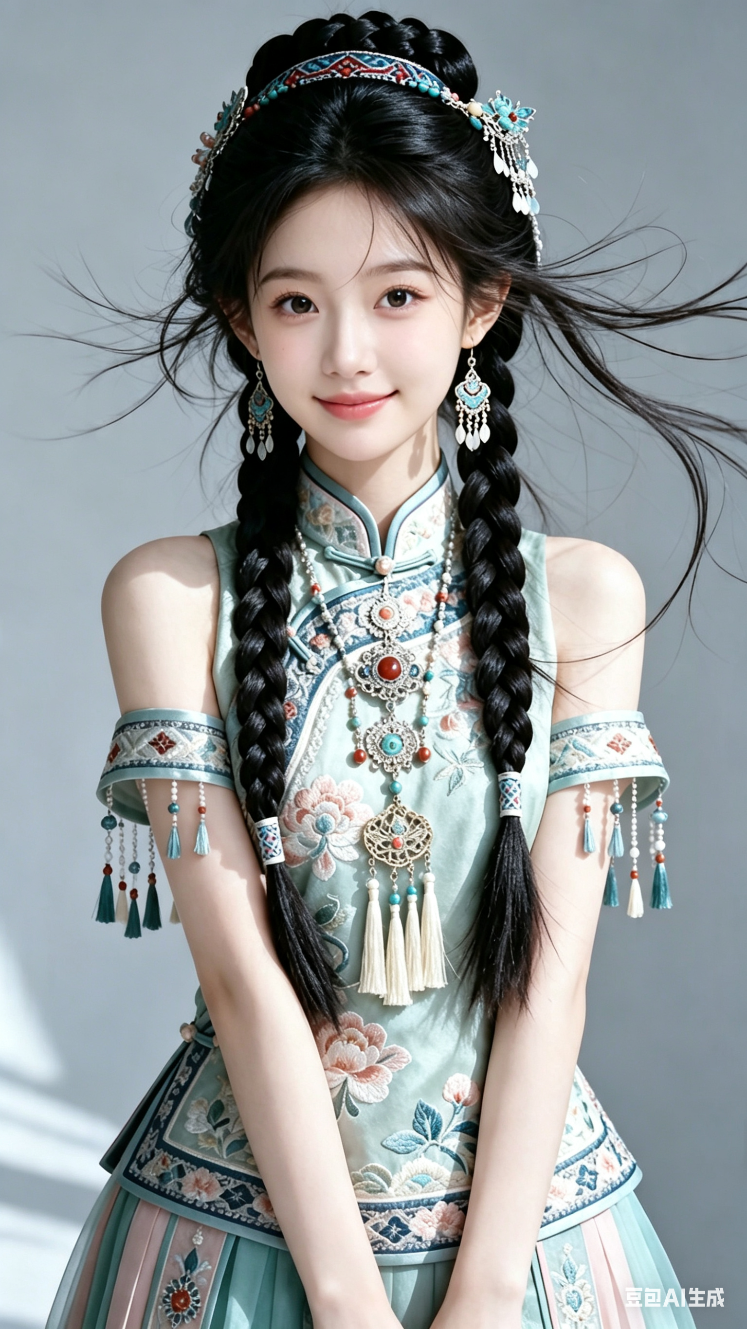 以第一张图片为底图，保持原图9:16比例、人物姿态、服装、发型、饰品、背景和整体光影不变；将第二张图片中人物的面部特征自然移植到第一张人物脸部，生成可爱卖萌的表情，眼神灵动，轻微微笑，面部角度与第一张人物姿态匹配，肤色… - AI提示词参考图，来自西西提示词