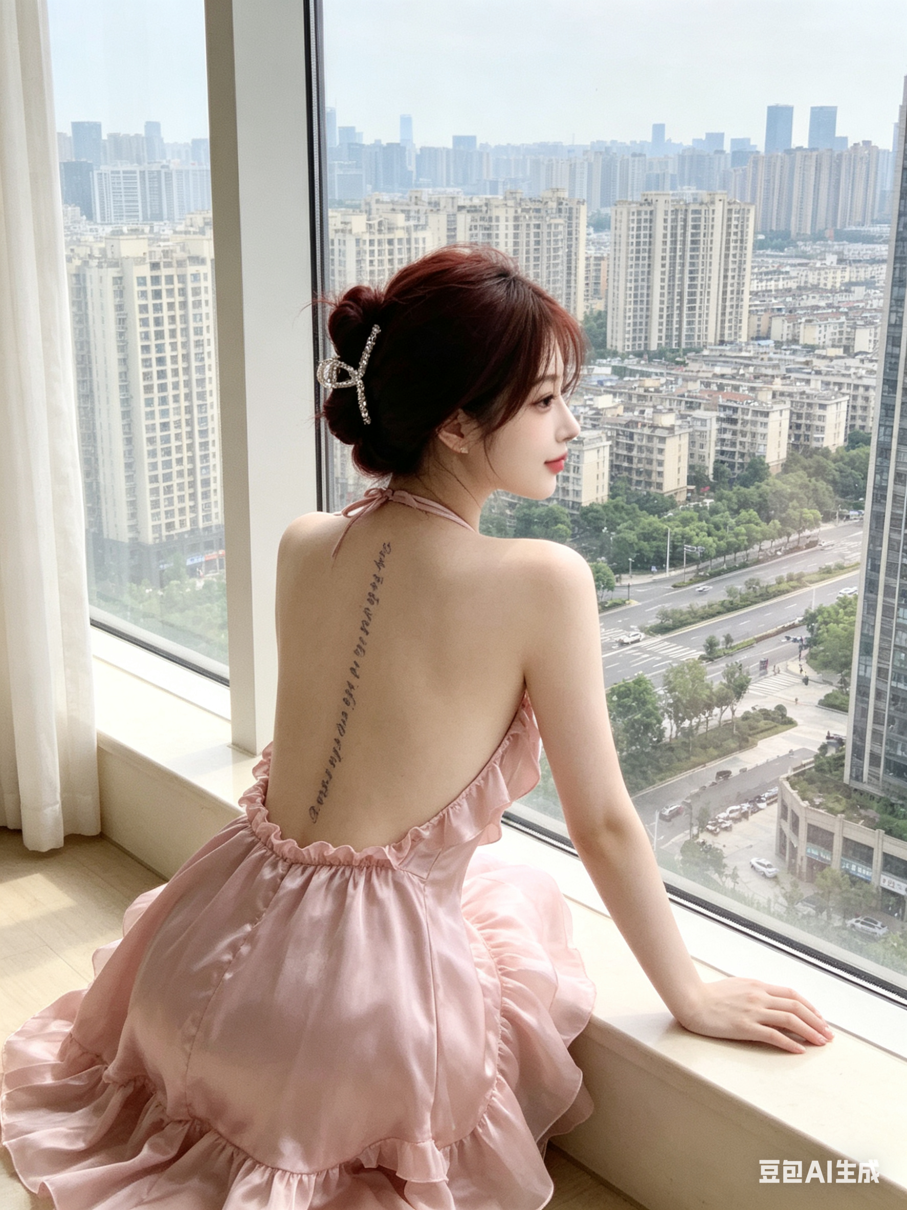 帮我生成图片：帮我生成图片：真实照片风格写真，中国年轻女性20岁左右，慵懒随性气质，酒红色长发盘起用银色抓夹固定，背部有竖排字母纹身。背身坐于窗边，手肘搭在窗沿望向窗外城市，身穿粉色缎面露背挂脖连衣裙带荷叶边设计。室内… - AI prompt reference from CC Prompt Galaxy