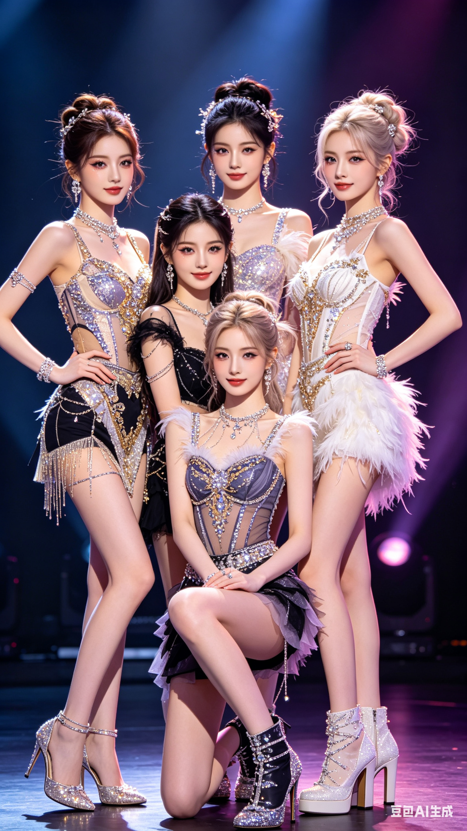 五人女团舞台，五名高颜值女爱豆，小头小脸，骨相精致，五官亮眼，浓颜上镜脸蛋，高挑身材，四肢纤细修长，极致细长笔直大长腿，超长腿部比例，完美九头身黄金身材比例，体态挺拔舒展，精致亮眼舞台妆，亮片碎钻眼妆，上扬舞台眼线，立… - AI提示词参考图，来自西西提示词