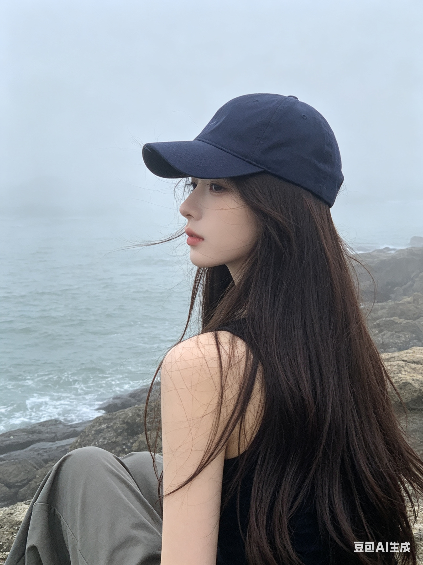 帮我生成图片：日系清冷写真风格，高冷气质的长发女生坐在海边的礁石上，她的深棕色长发柔顺有光泽，自然地披散在身后，头上戴着一顶简约的藏青色鸭舌帽，帽檐微微向上翻起，露出她清冷的眉眼，她的眼神疏离，望向远处的海面，背景是阴… - AI提示词参考图，来自西西提示词