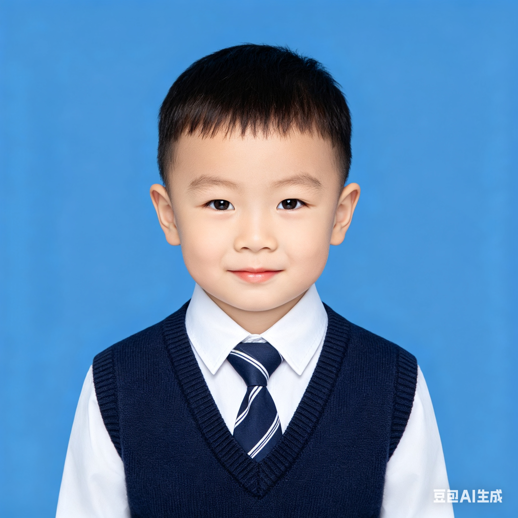 帮我生成图片：三岁男宝幼儿园入园登记照，登记照底色为蓝色，登记照尺寸为1寸。外穿藏蓝色针织马甲，内穿白色衬衣，戴斜白条深蓝色领带，1:1 - AI提示词参考图，来自西西提示词