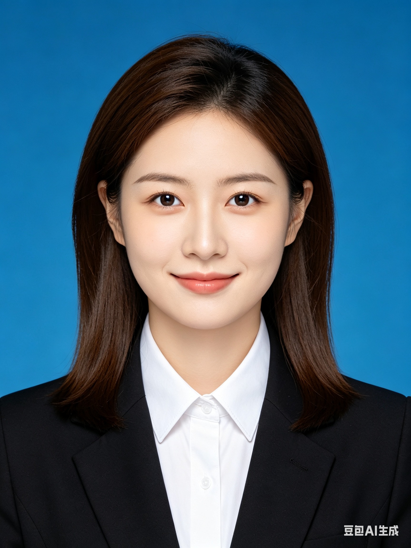 3:4竖幅正式写实证件照，平视正面取景，容貌精致耐看的年轻女性，齐肩柔顺棕色直发，发型整洁自然，眼神专注清澈，笑容温婉亲和。穿白色衬衫搭配合身黑色西装外套，肩颈端正，姿态自然。背景为纯蓝色证件照背景，颜色均匀干净。影棚… - AI prompt reference from CC Prompt Galaxy