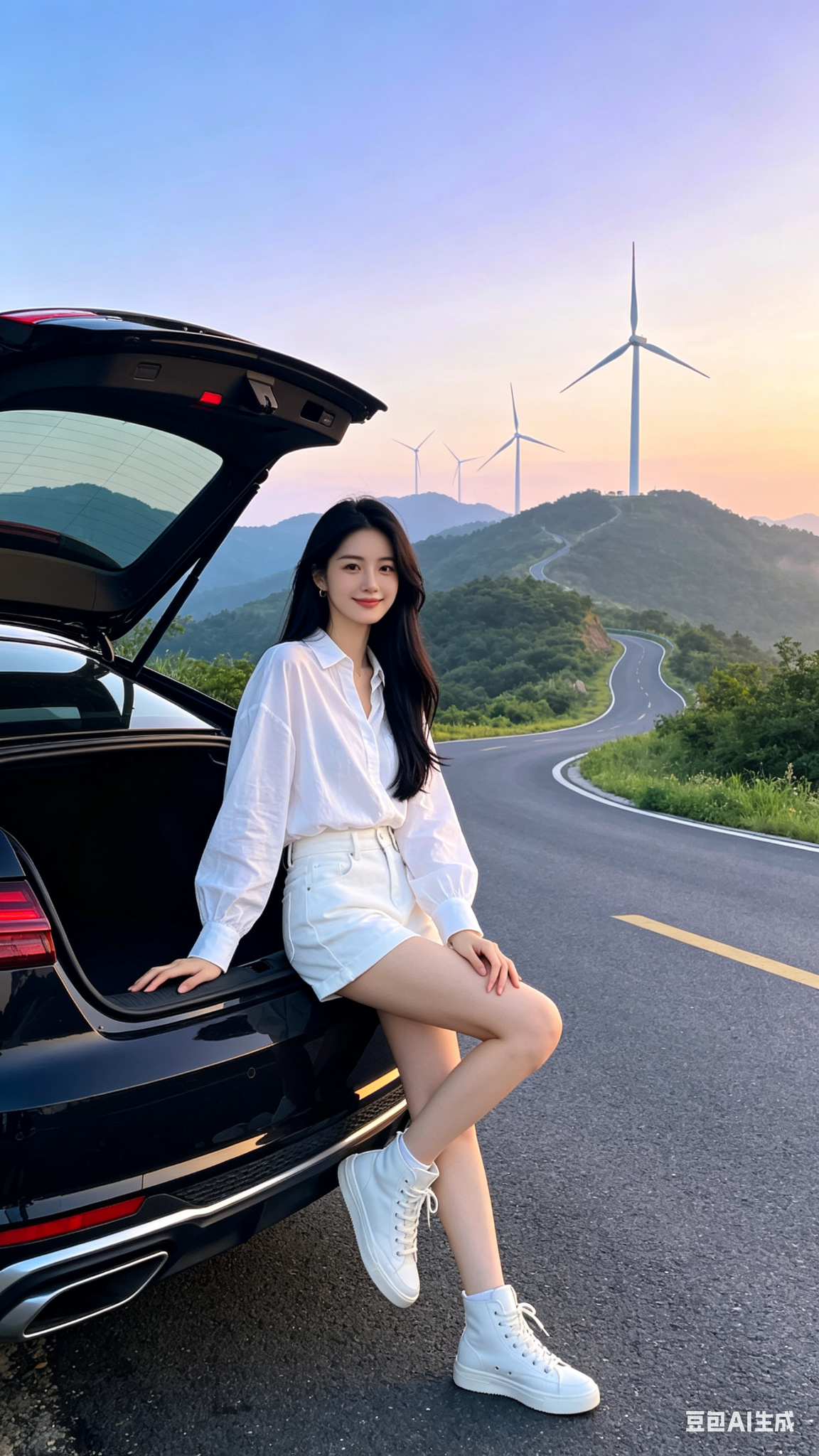 帮我生成图片：画面中是一位22岁的年轻女性，她留着黑色长直发，身穿白色宽松长袖衬衫和白色高腰短裤，脚蹬白色高帮运动鞋，姿态轻松地倚靠在一辆打开后备箱的黑色轿车旁，一手扶着后备箱边缘，一手轻搭在腿部。背景是清晨时分的户外… - AI提示词参考图，来自西西提示词