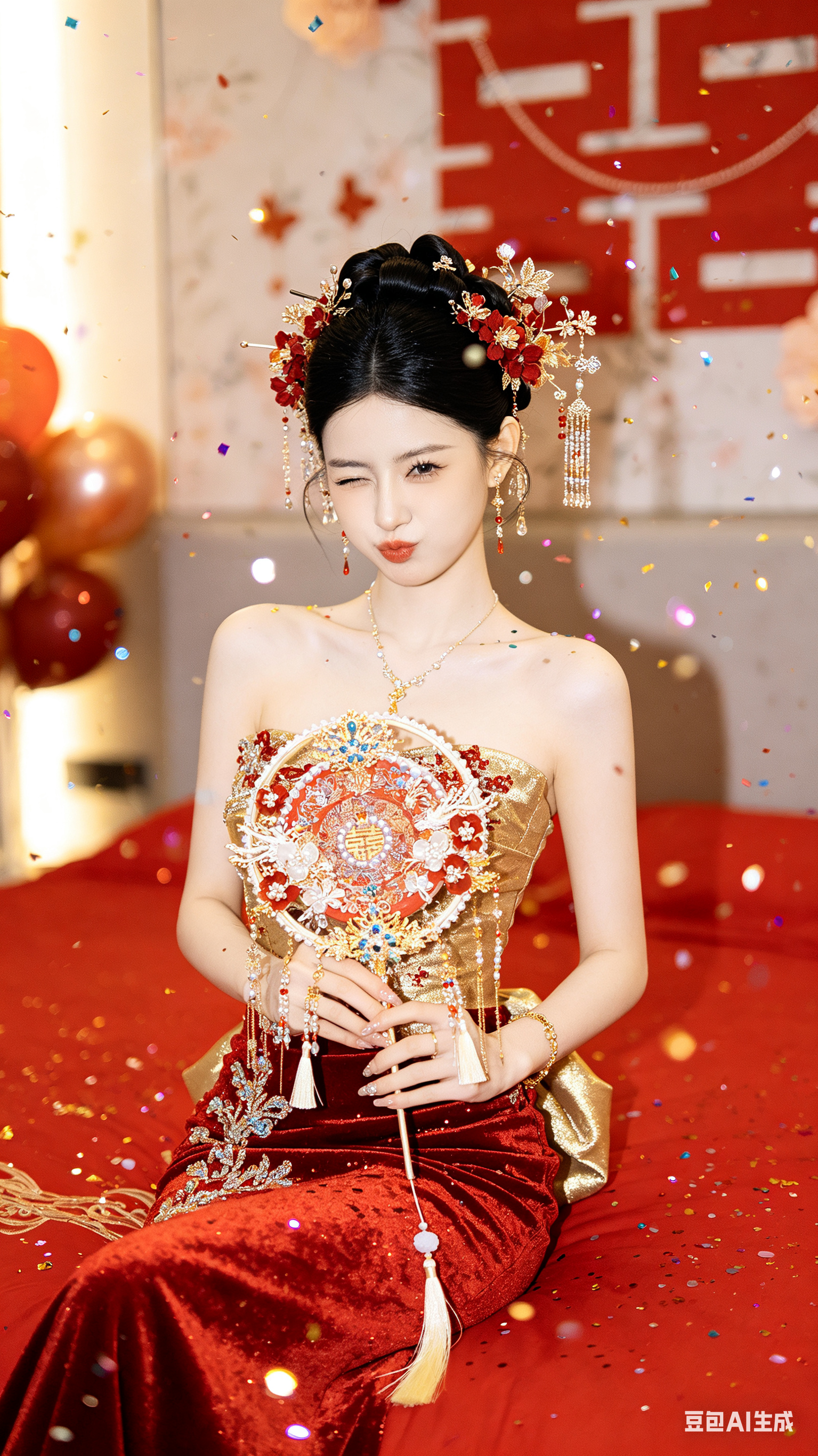 真实照片风格的全身人像，一位骨相极佳的漂亮年轻女性，立体五官、白皙皮肤，乌黑长发造型为复古盘发编发，头部两侧布满金红色花朵发饰、发簪、流苏与细小金属饰件，整体华丽但柔美典雅；身穿金红色抹胸时髦礼服，裙身有精致刺绣与亮晶… - AI prompt reference from CC Prompt Galaxy