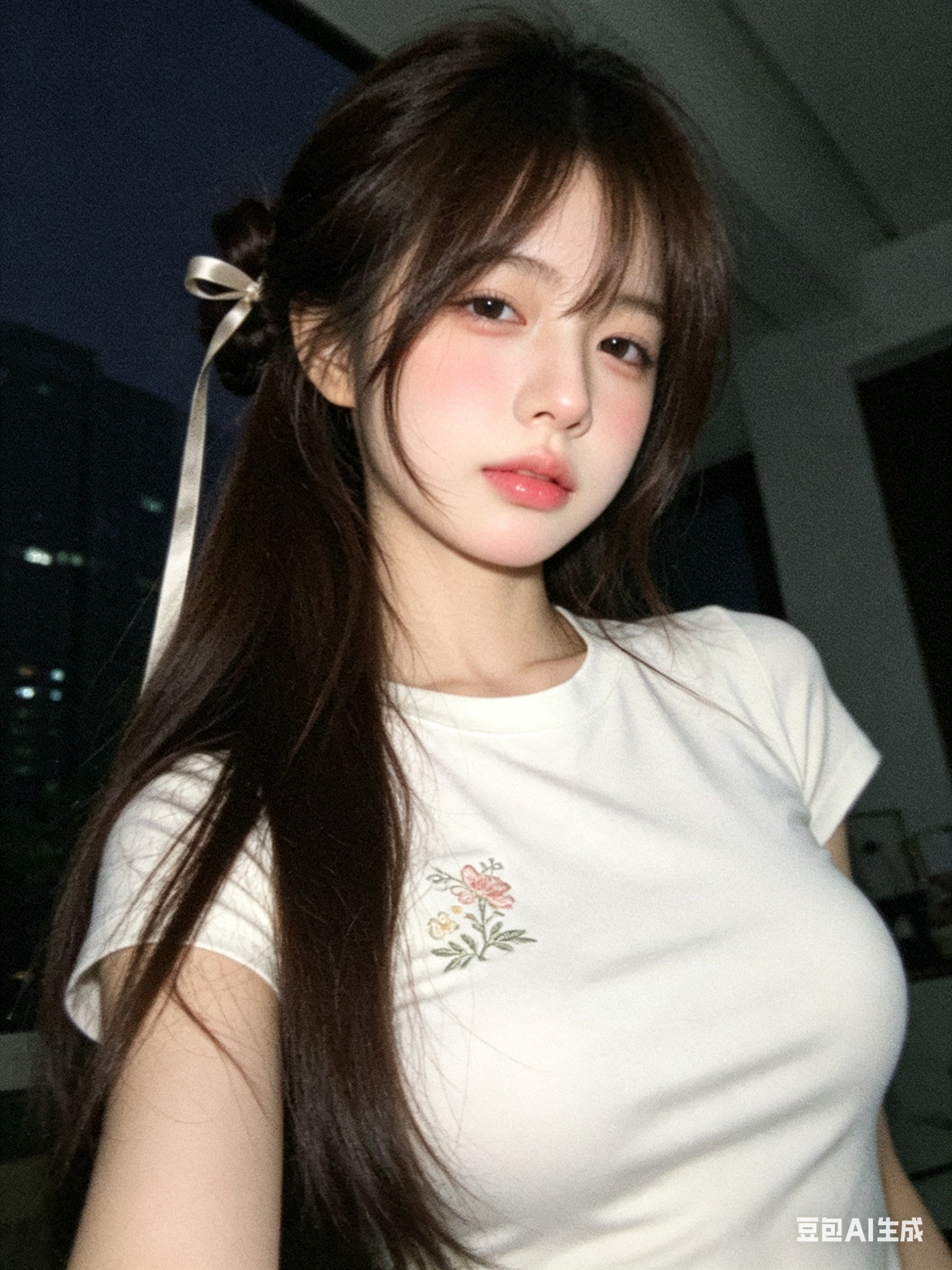 帮我生成图片：前置摄像头拍摄视角，湛佳琳CCD风格滤镜，呆萌钝感幼态脸小萌妹，精致五官小巧舒展；小狗眼眼睑下至缱绻，晕染微泛脸颊，松弛恍惚漫不经心疏离。深栗棕色森系及腰长发飘带饰件半束，碎发自然垂落修饰脸型；仅身着修身… - AI提示词参考图，来自西西提示词