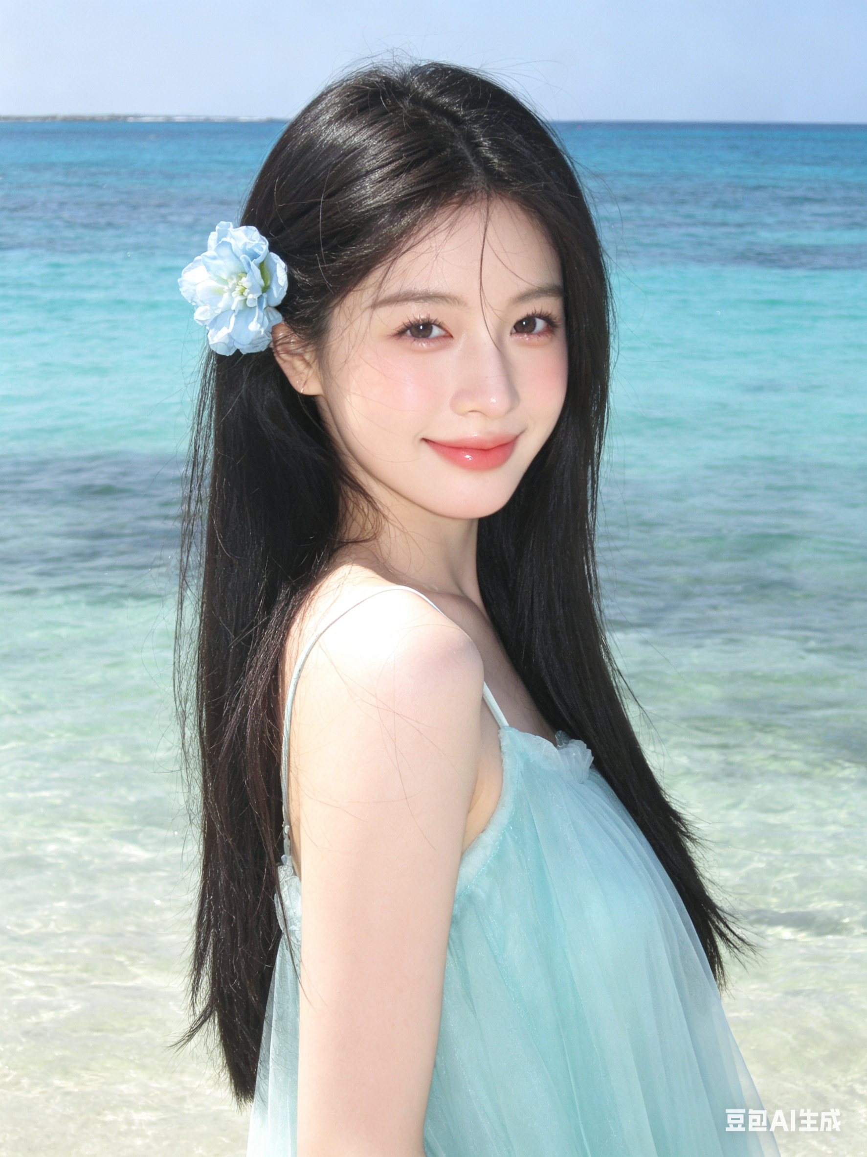年轻东亚女性，清新海岛浅滩甜妹妆：清透水光底妆+淡粉自然腮红+暖粉唇釉+伪素颜细闪眼影卷翘长睫毛；黑长直（侧边点缀浅蓝色花朵）；穿搭为浅蓝色色薄纱吊带裙；姿态是侧身浅笑，神情松弛清新；场景是海岛浅滩布景（澄澈蓝绿海水+… - AI提示词参考图，来自西西提示词