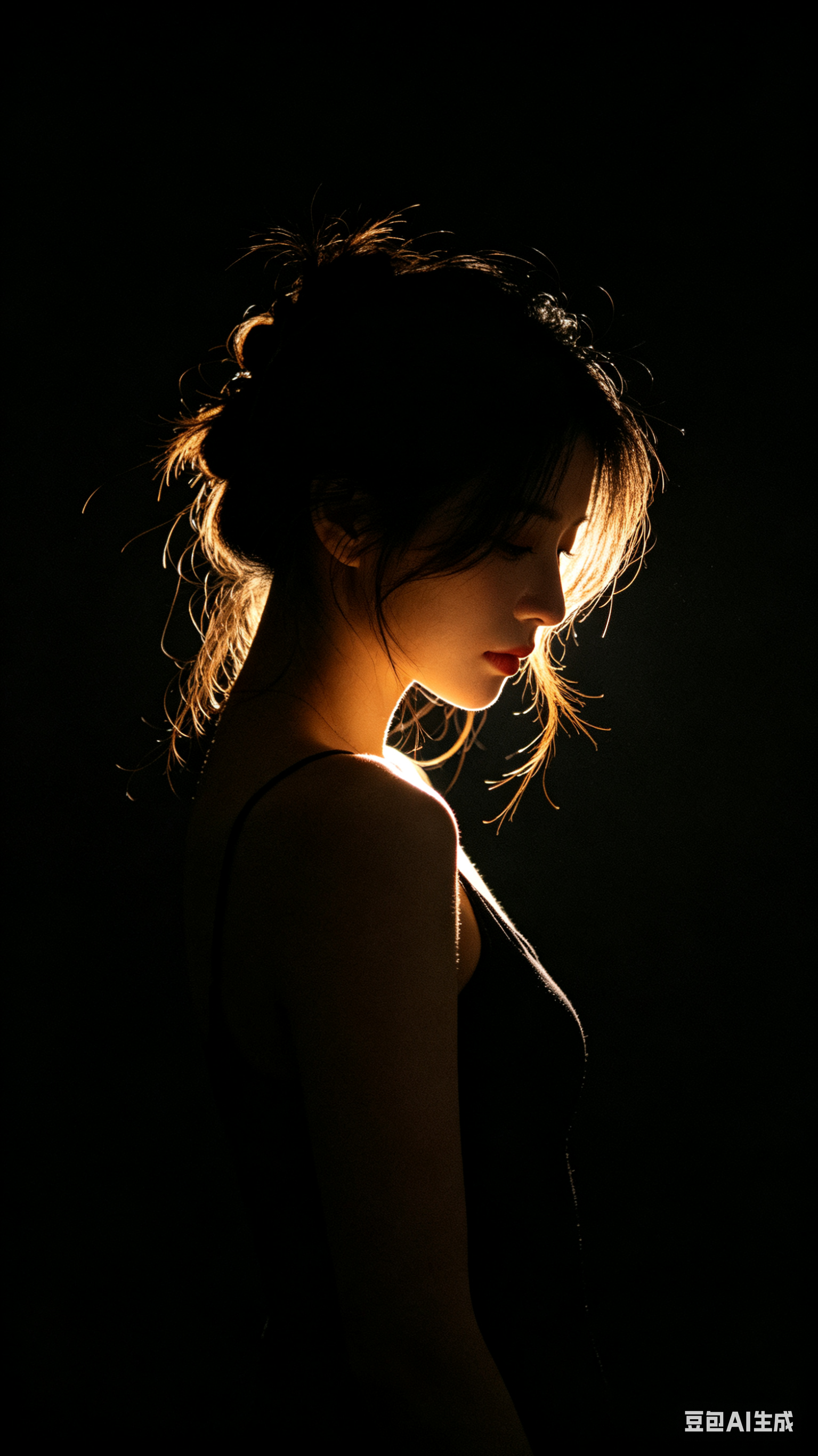 帮我生成图片：深黑无杂质背景，一位女性侧身站立形成清晰剪影，头发松散凌乱却有部分束起，侧前方一束暖色柔光从脸颊与发丝边缘穿过，微微低头，肩颈线条柔和，画面只有黑色与被照亮的轮廓细节，高反差、低饱和、细腻胶片质感，平视中… - AI提示词参考图，来自西西提示词