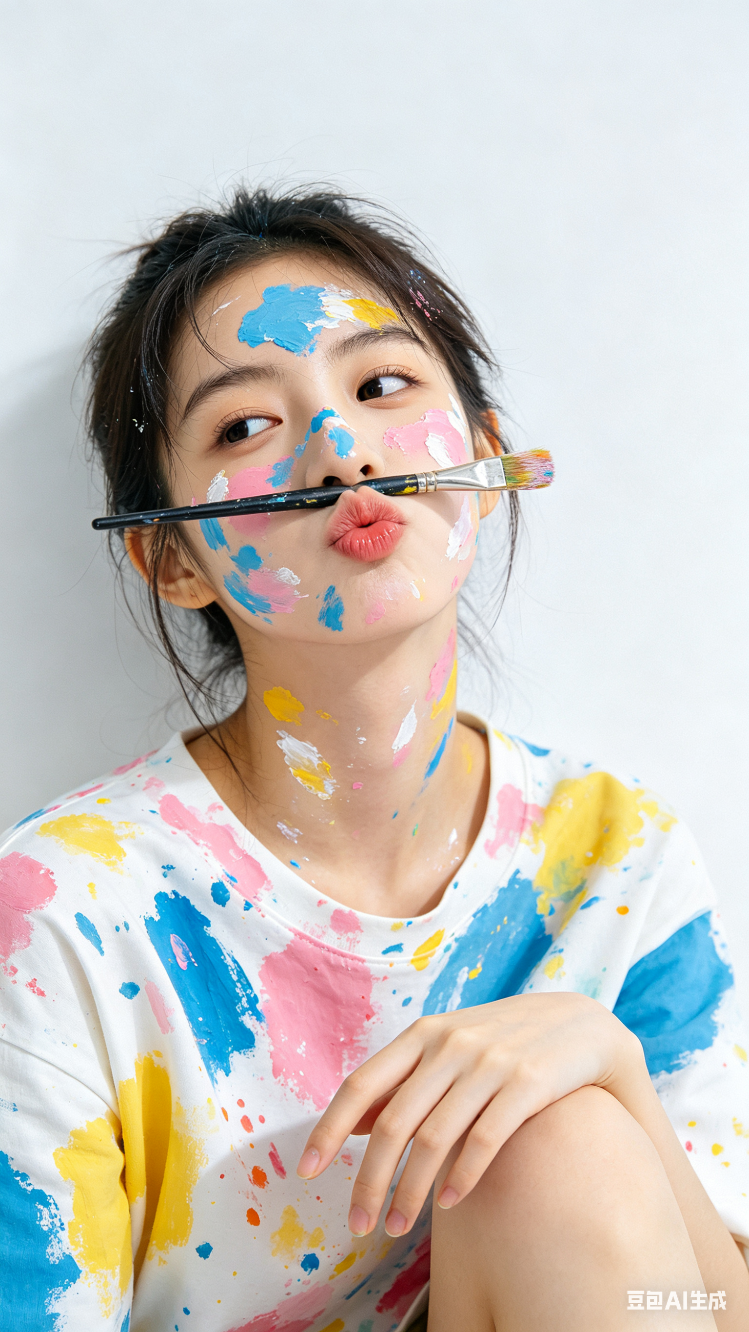 极简主义视觉风格，画面主体是脸型修长的女生，她微微歪头没有看向镜头，撅起原本的嘴巴，将刷子放在嘴巴和鼻子中间，表情灵动可爱。她的脸上布满蓝色、粉色、黄色、白色的颜料痕迹，额头、鼻尖、脸颊以及脖颈都有大量随性涂抹的色块，… - AI提示词参考图，来自西西提示词