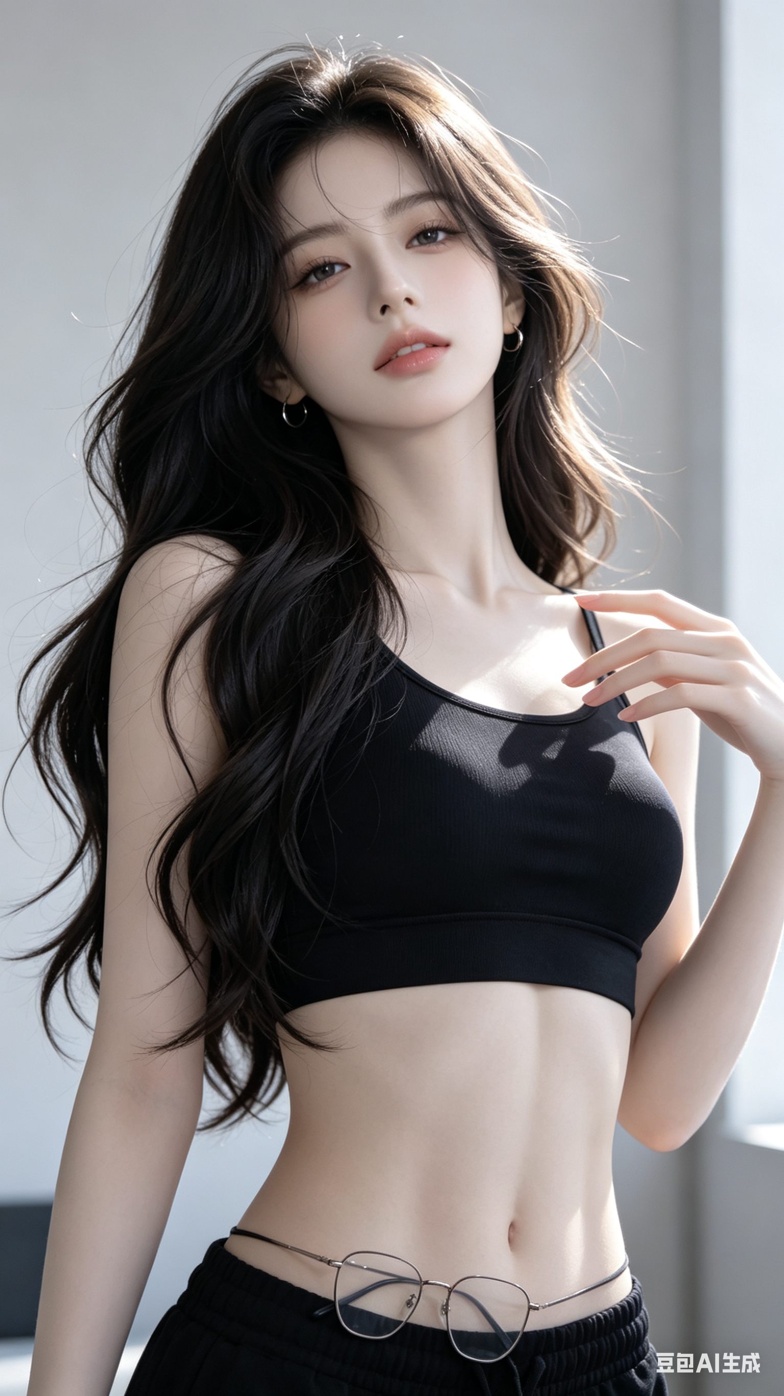 高级CG时尚人像，仰拍近景，年轻女性位于画面正中并微微后仰，长卷发带细腻高光，伪韩系薄涂质感，伪BJD面部轮廓，奶白灰色调，真实通透肤质；黑色不透明运动风短款抹胸，服装纹理自然，露出纤细腰部与明显人鱼线，腰侧放置一副细… - AI提示词参考图，来自西西提示词