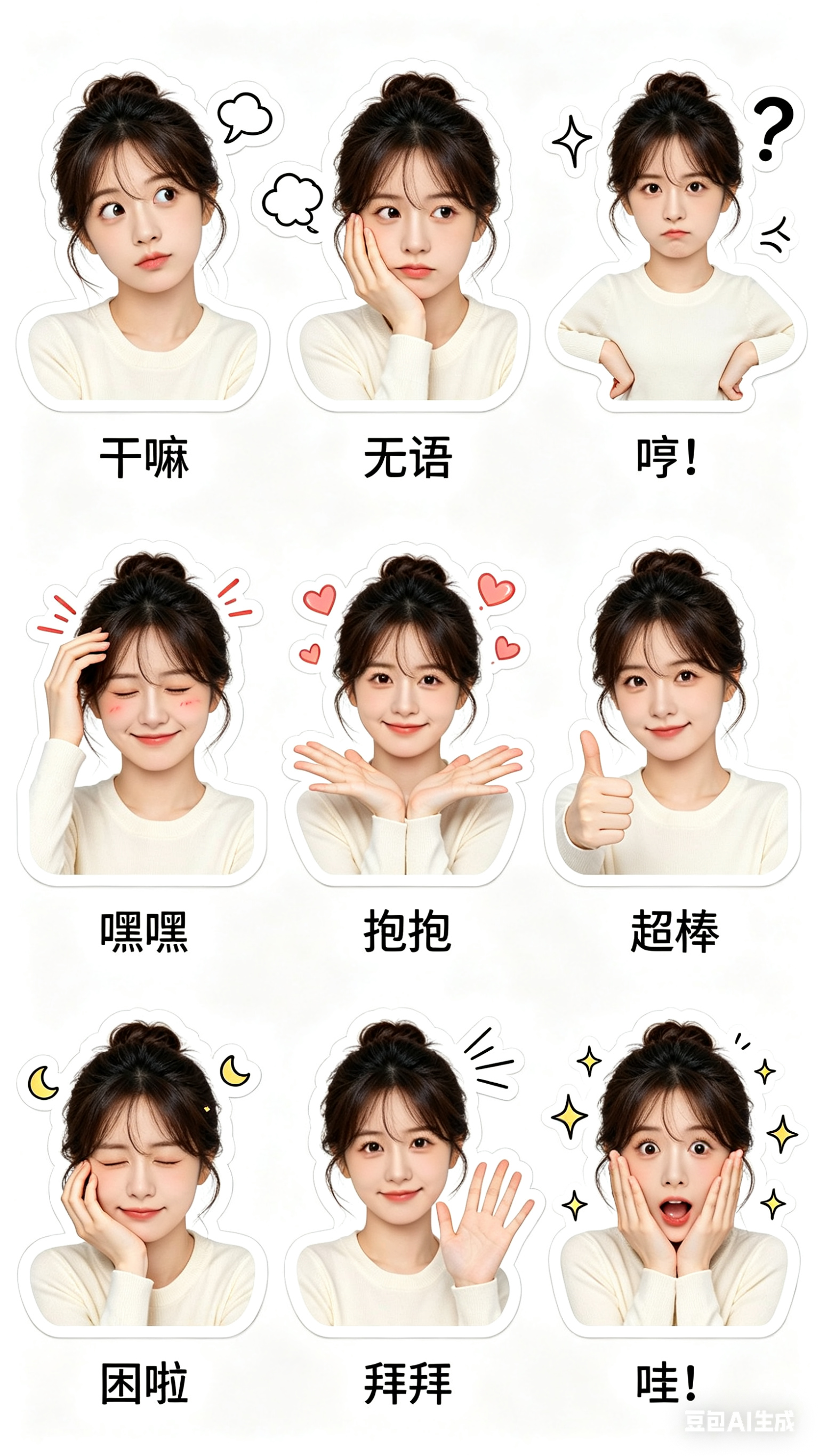 清新风格真人贴纸，纯白背景，3行3列九宫格布局，9个格子大小一致、间距均匀，每个格子内是独立的真人贴纸，贴纸带圆润白色描边，真实照片质感，软萌治愈，高清细节，面部清晰，光影柔和。人物形象统一，五官、发型、服饰风格完全一… - AI提示词参考图，来自西西提示词