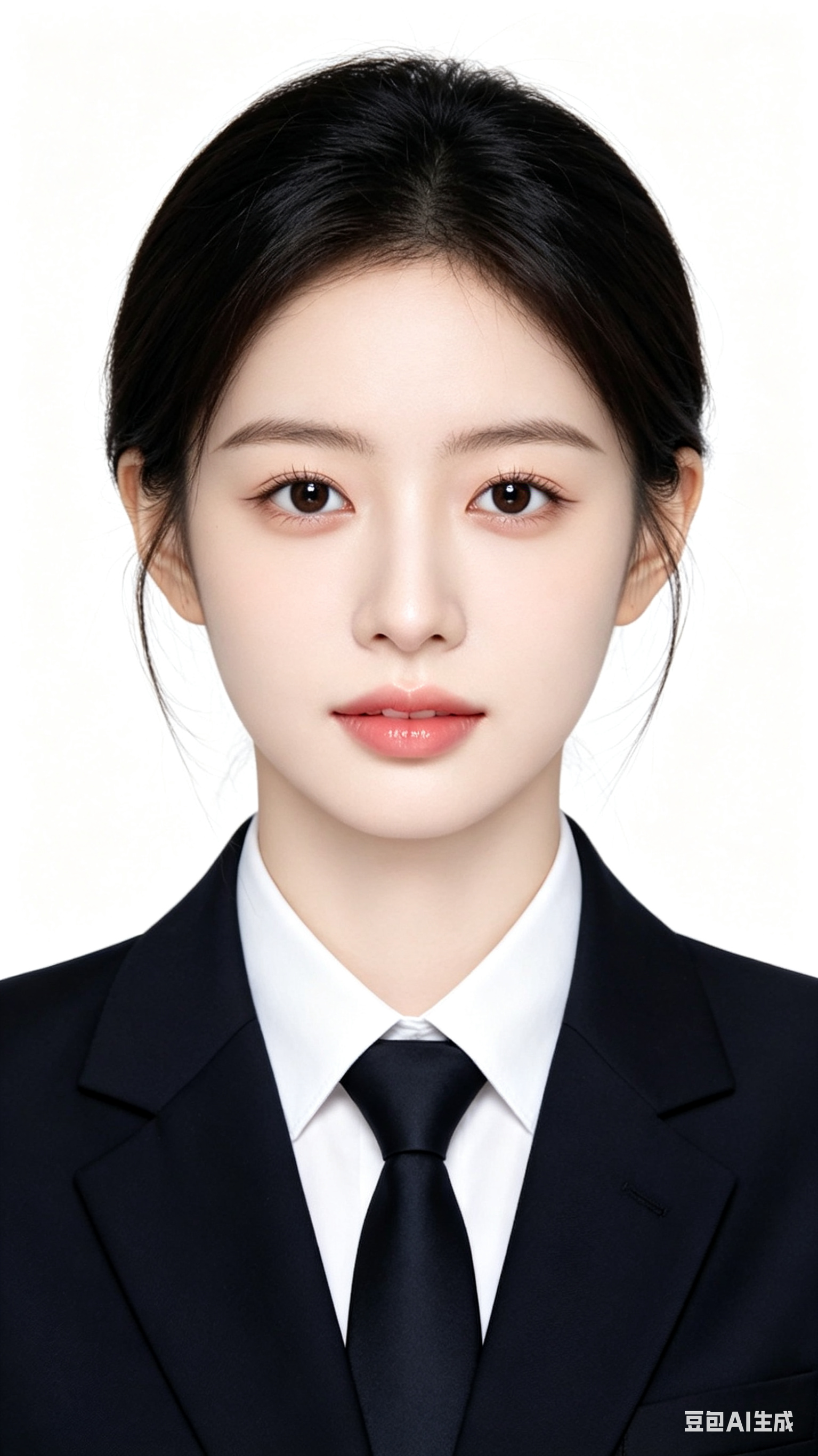 一位中国女爱豆证件照，非常非常白，非常非常美丽，非常非常瘦。女爱豆穿着西服。带领带。看着镜头。白底照片。不一样的脸。瓜子脸。细挑眉。桃花眼。m唇。，9:16 - AI提示词参考图，来自西西提示词