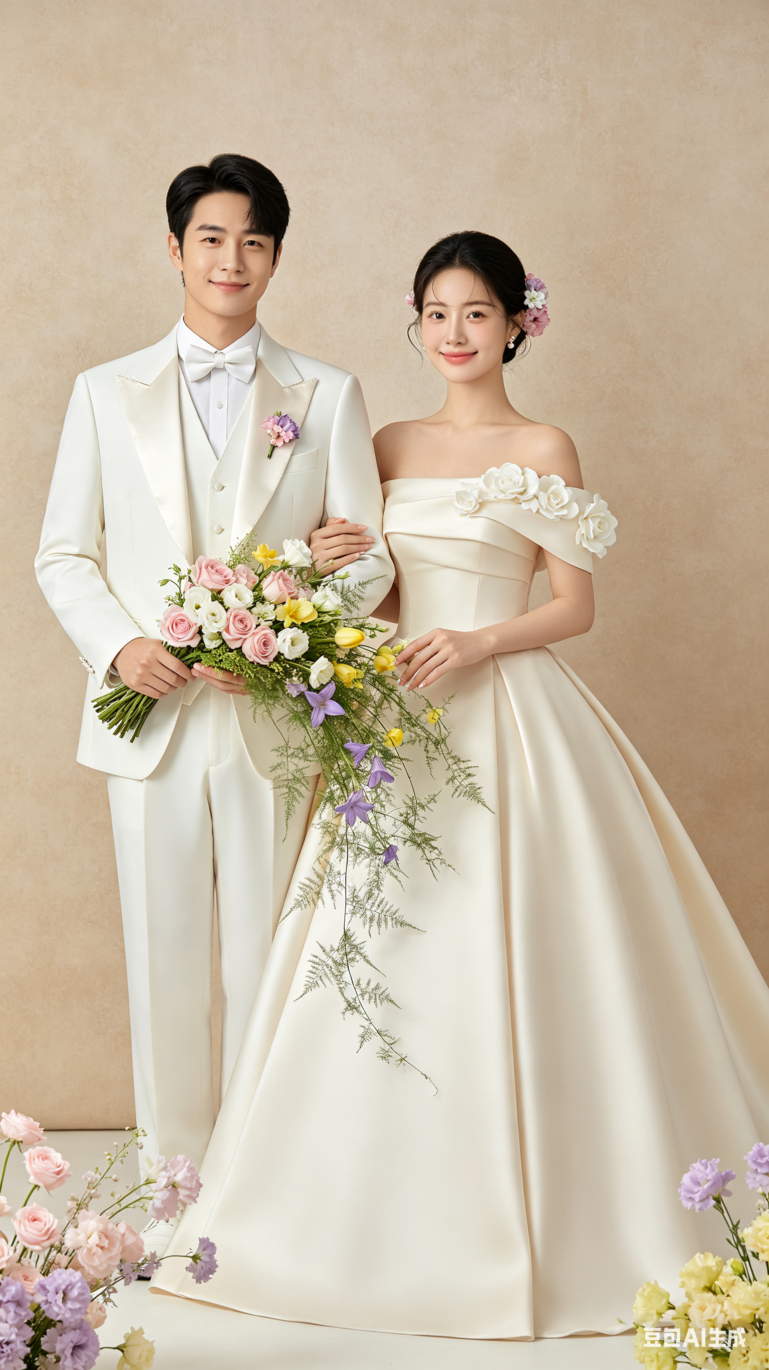 韩式极简室内婚纱摄影，平视正面构图，画面中央是一对新婚伴侣，新郎站在左侧略靠后，新娘站在右侧更靠近镜头，二人并肩自然站立。新郎是气质温和的东亚男生，黑色短发干净利落，五官端正，轻微浅笑，身穿白色缎面西装套装、白色马甲、… - AI提示词参考图，来自西西提示词