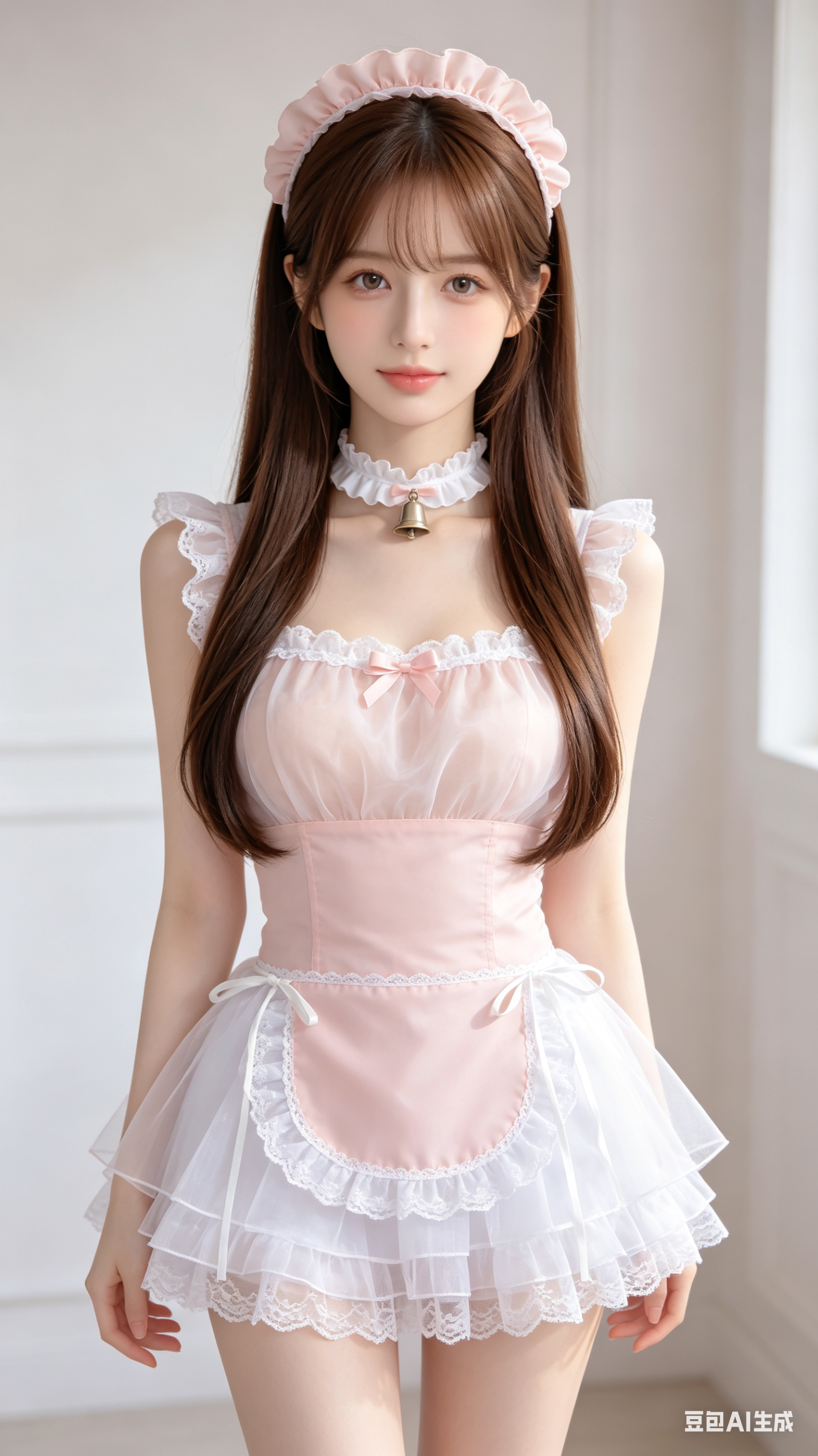 真人写实动漫风少女角色，全身站姿，棕褐色顺滑长直发，颅顶蓬松垫高，柔和中分，两侧长发自然垂落在胸前，发丝平整有柔和光泽，头顶佩戴浅粉色褶皱花边发箍；精致窄款鹅蛋脸，面部软组织饱满均匀，颧骨平缓，下颌线圆润流畅，下巴小巧… - AI提示词参考图，来自西西提示词