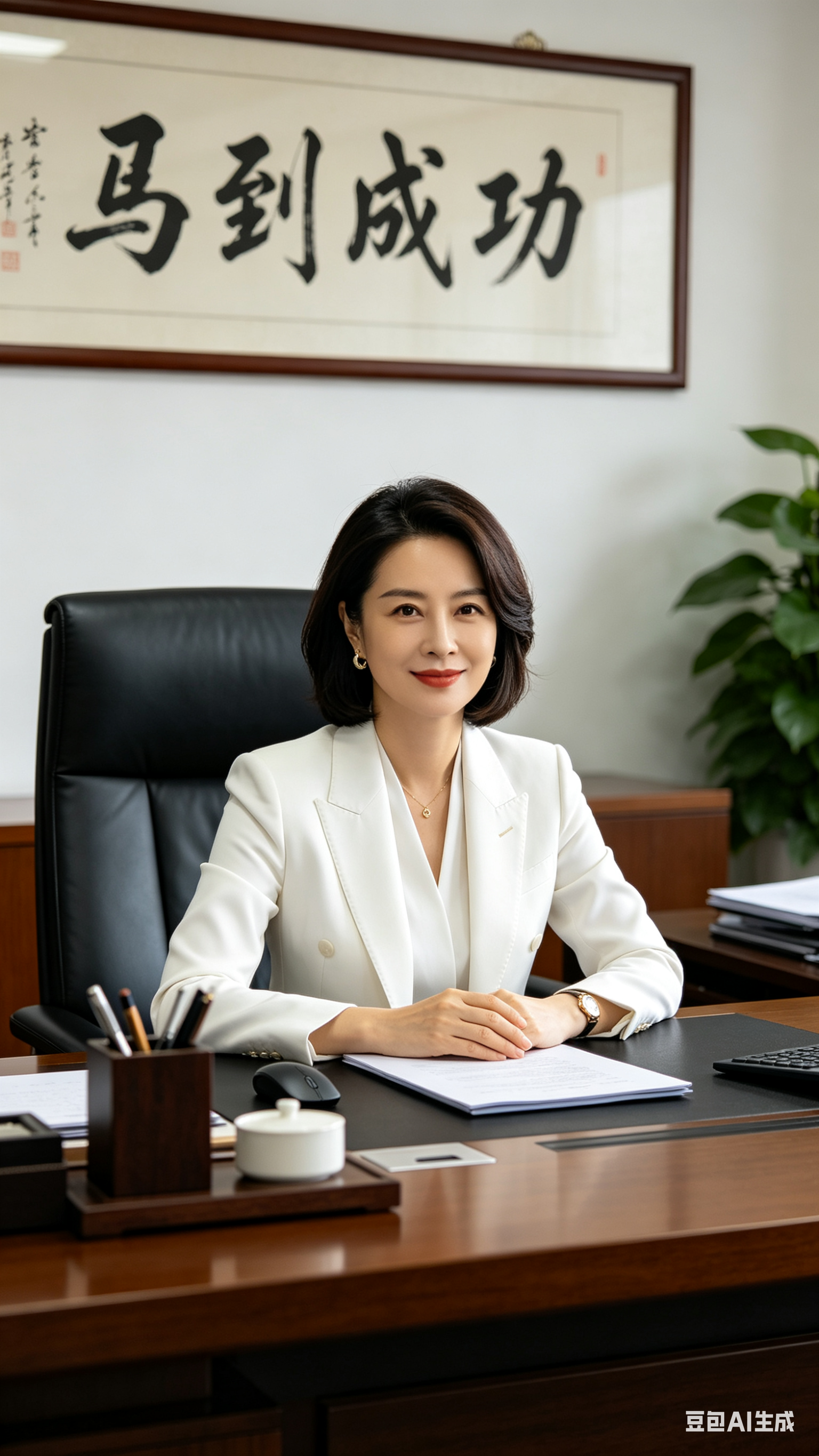 3:4，将输入的第二张图中的人物脸部替换到第一张图的人物脸部位置，保持第一张图的办公室场景、人物发型、白色西装、办公桌上的物品及背景中的“马到成功”书法作品等所有其他元素不变。原比例。比例 9:16。比例 9:16。比… - AI提示词参考图，来自西西提示词