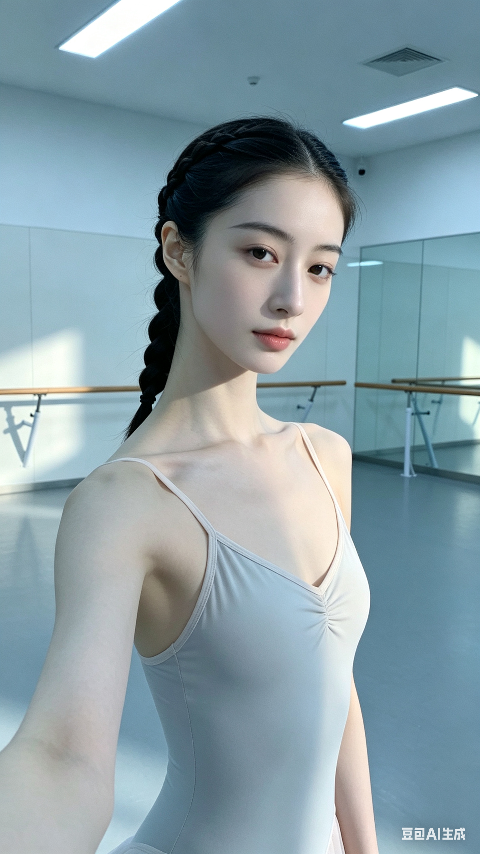 一位成年年轻女性舞蹈模特站在空旷舞蹈室内，身形纤细修长，头型小巧精致，姿态自然随性，像前置摄像头不经意间的自拍抓拍，肌肤白皙细腻如瓷般柔滑，精致编发垂落在肩侧，身着浅冷色芭蕾舞服，冷白舞蹈室灯光从上方和侧方洒下，形成柔… - AI提示词参考图，来自西西提示词
