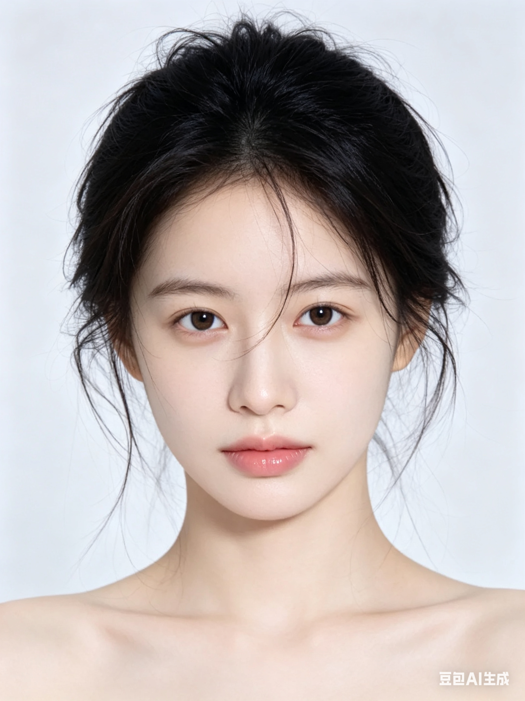 正面微侧近脸的真实肖像写真，画面中心是一位年轻亚洲女性，仅露出头部及肩部上端，背景为干净统一的浅灰白色。黑色头发蓬松挽起，多缕细碎凌乱的发丝自然散落在额头、脸颊两侧及脖颈处，随性自然。清透伪素颜妆容，底妆服帖清透，肤色… - AI提示词参考图，来自西西提示词