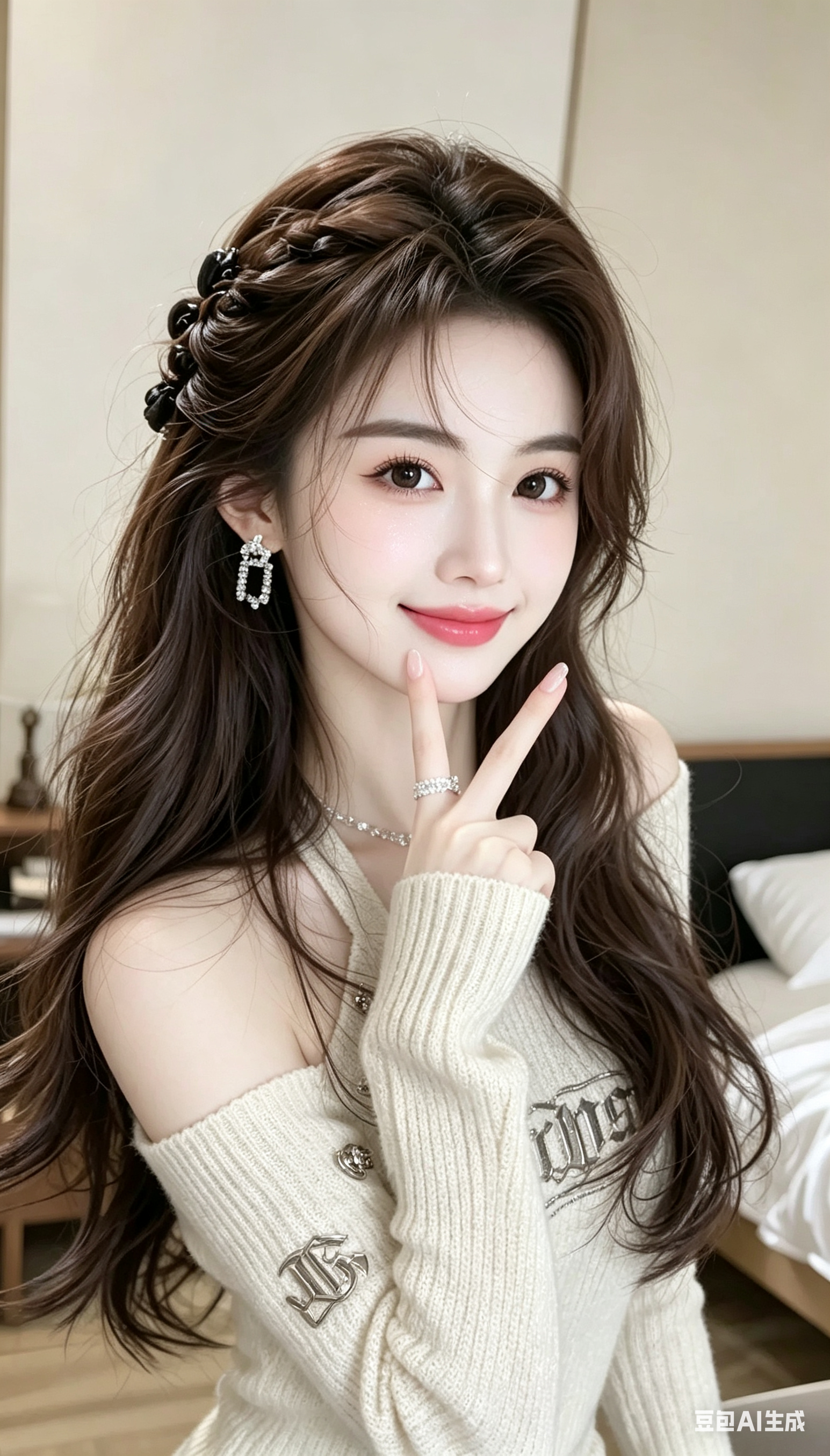 以原图女孩为基础进行整体网感头像化写真处理，保留唯美长发、柔顺发丝、室内居家随手抓拍感与竖版构图。将人物塑造成超高颜值骨感甜美女孩，瓷白奶油白冷白皮，脸部轻微曝光并添加细腻高光，鼻梁亮晶晶，漂亮大眼睛，自然卷翘睫毛，眼… - AI提示词参考图，来自西西提示词