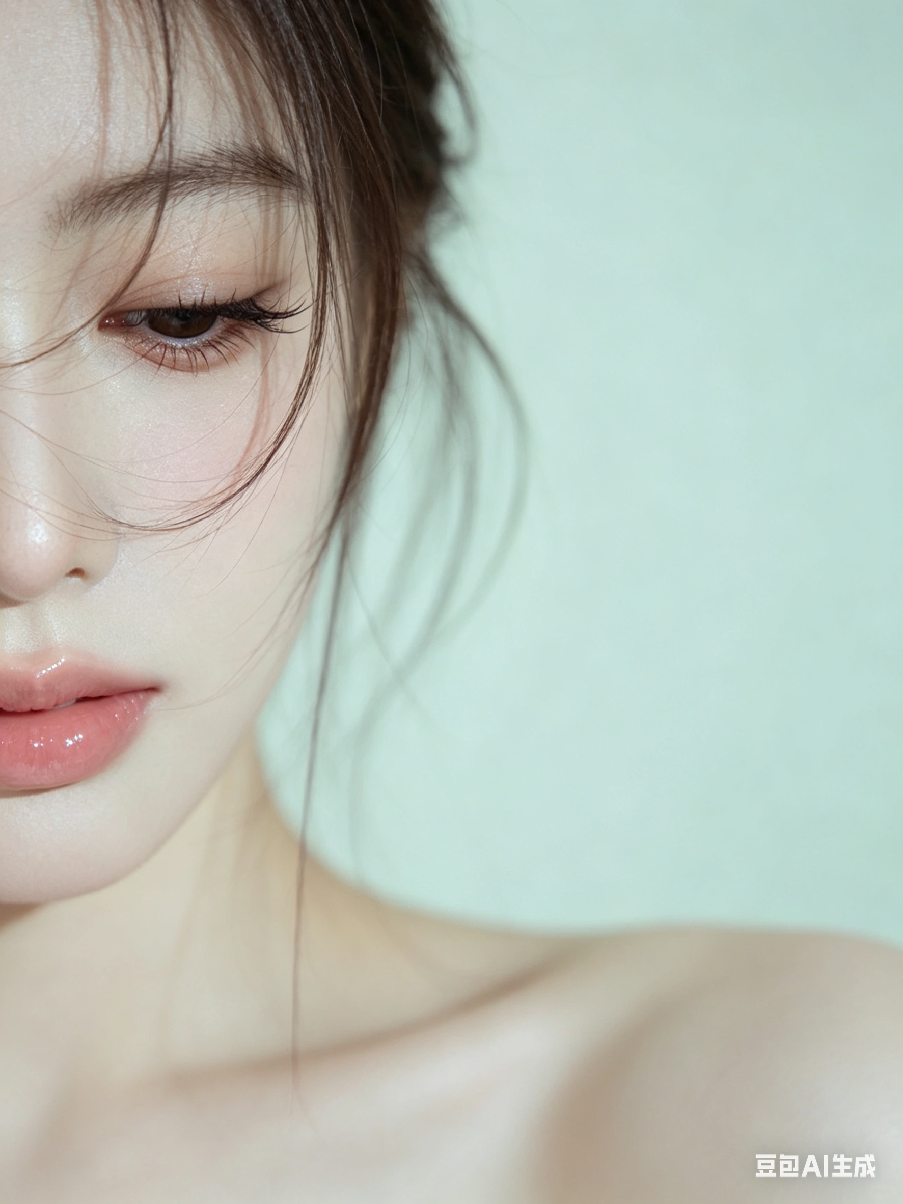 帮我生成图片：["第1轮指令集:半遮脸部特写，只露出下半张脸，低垂双眼，超长浓密仙子睫毛，粉润水光玻璃唇，白皙冷白皮，细碎凌乱棕黑色发丝垂落在脸颊，柔和朦胧柔光，低饱和奶油浅薄荷绿纯色背景，细腻通透肌肤质感，柔焦磨皮，… - AI提示词参考图，来自西西提示词