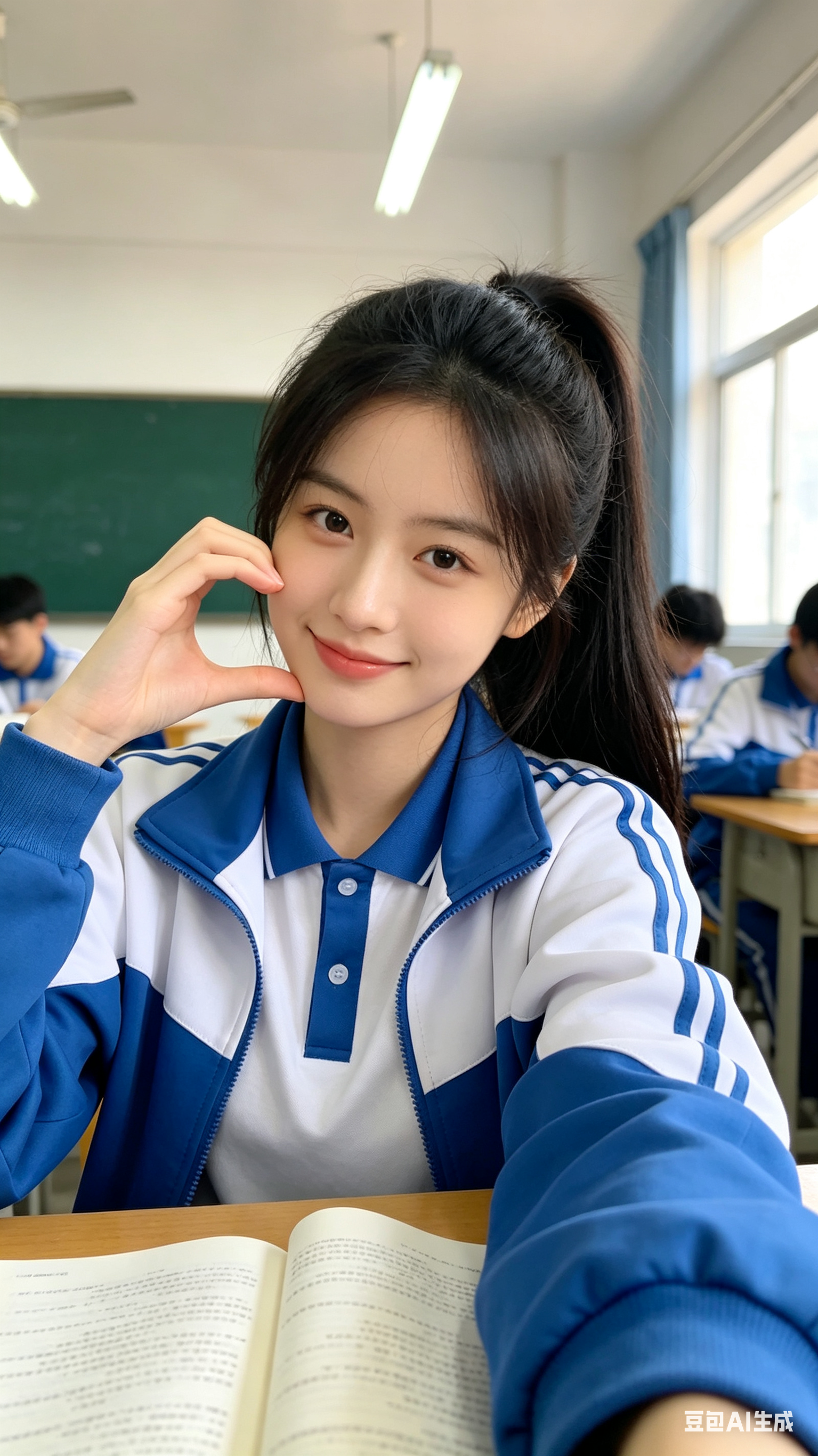 竖屏手机前置自拍构图，年轻东亚女高中生位于画面中央偏近景，半身入镜，乌黑长发高马尾自然垂落，温柔淡妆，眼神柔和，浅笑看向镜头，右手在脸侧比出半个爱心手势，左手前伸握住手机形成自拍视角，蓝白拼接中学校服外套，白色polo… - AI提示词参考图，来自西西提示词