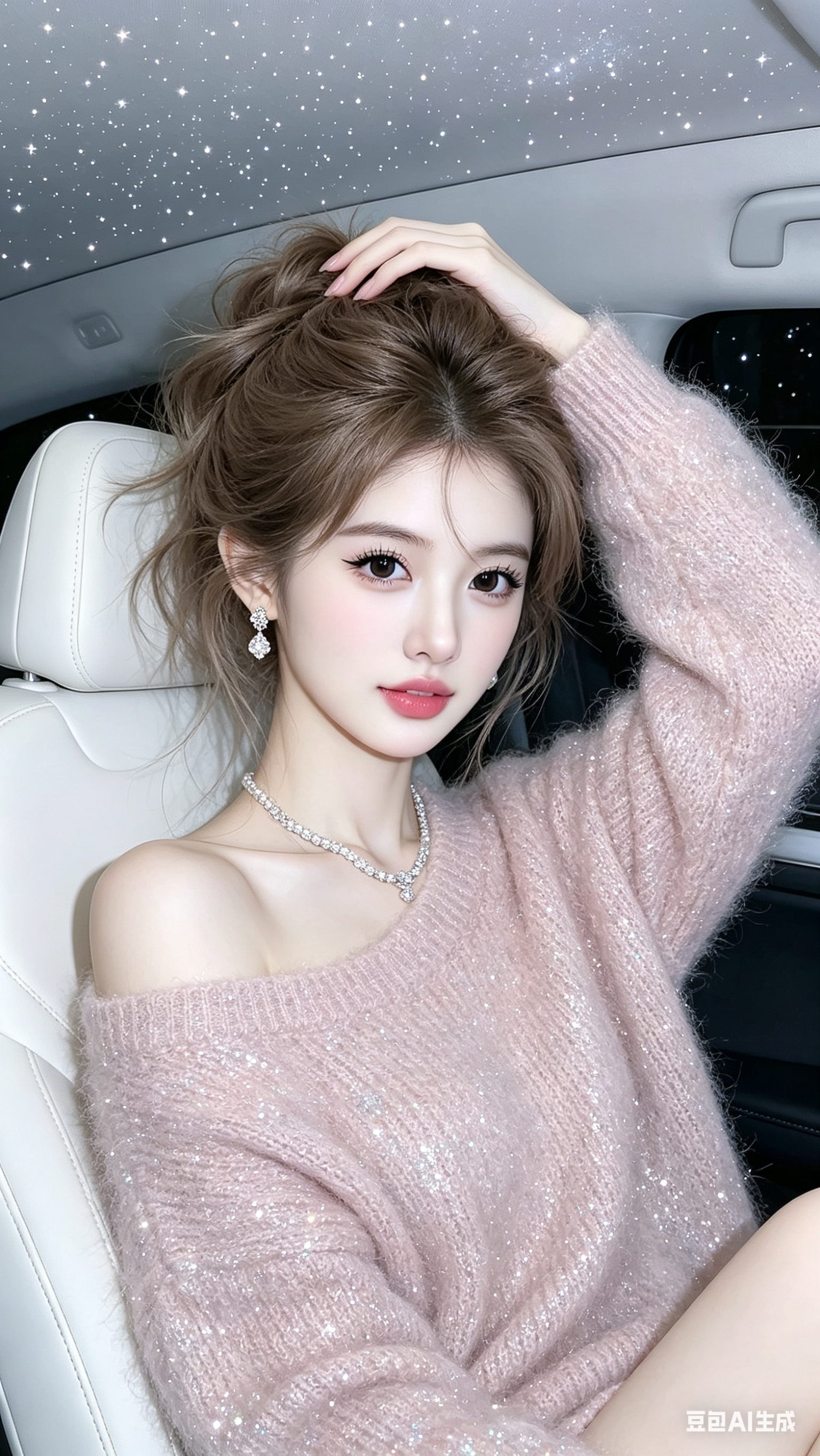 帮我生成图片：具有韩系甜酷风、薄荷少女写真的清新灵动风格，一位亚洲的冷白皮年轻女性，她浅棕的头发半扎着，显得蓬松又可爱，脖子上戴着闪耀的钻石项链，耳朵上挂着钻石耳饰，身着烟粉色的露肩闪片针织毛衣，惬意地坐在车内，手搭在… - AI提示词参考图，来自西西提示词
