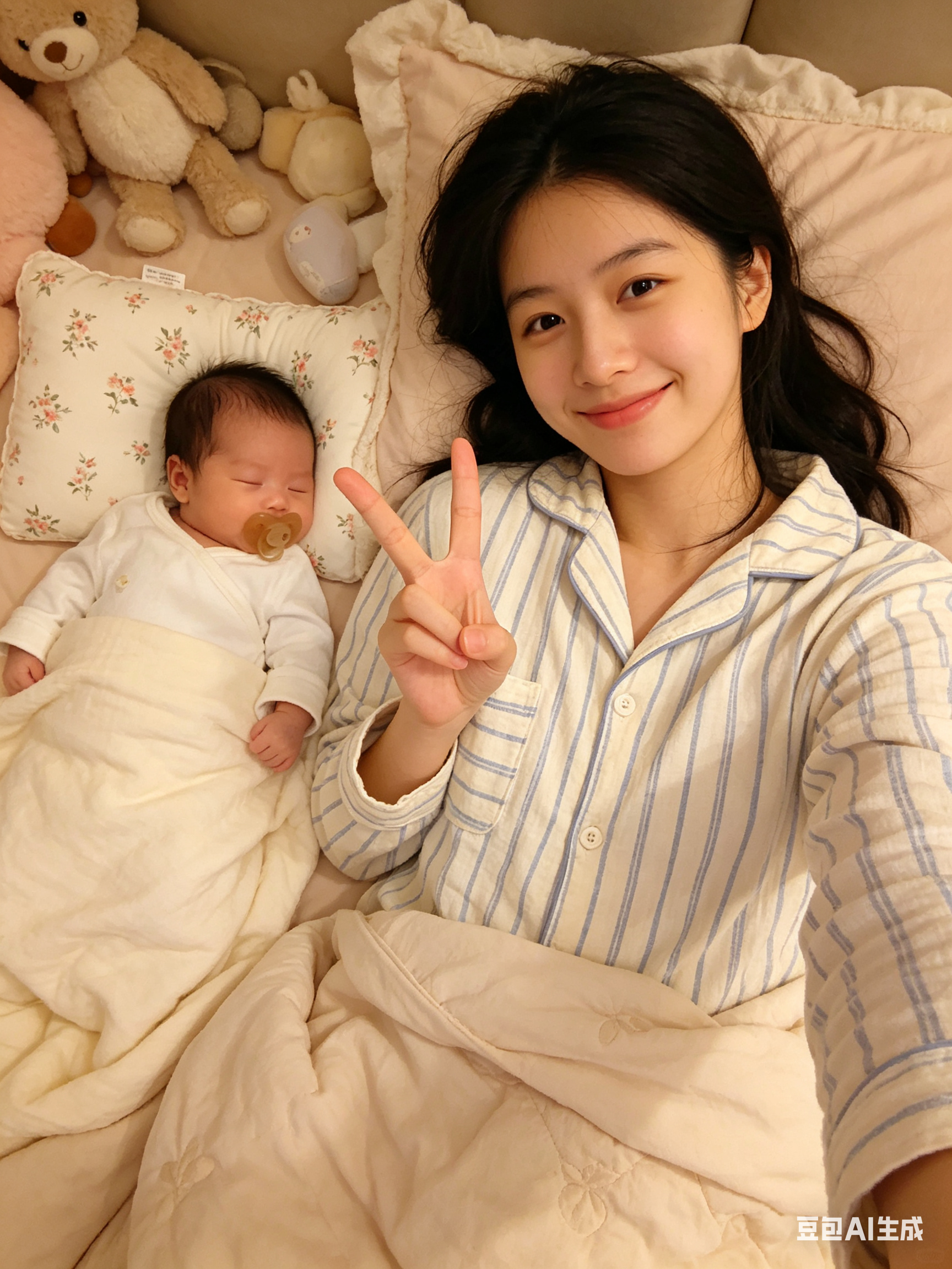 竖版手机前置自拍风格，温暖舒适的卧室亲子日常，年轻东亚女生躺卧在床中央看向镜头，笑容柔和亲切，穿米白蓝竖条纹长袖睡衣，右手自然比出剪刀手；旁边和后方的碎花枕头上躺着一名新生儿婴儿，白色连体衣，嘴里含安抚奶嘴。周围有毛绒… - AI提示词参考图，来自西西提示词
