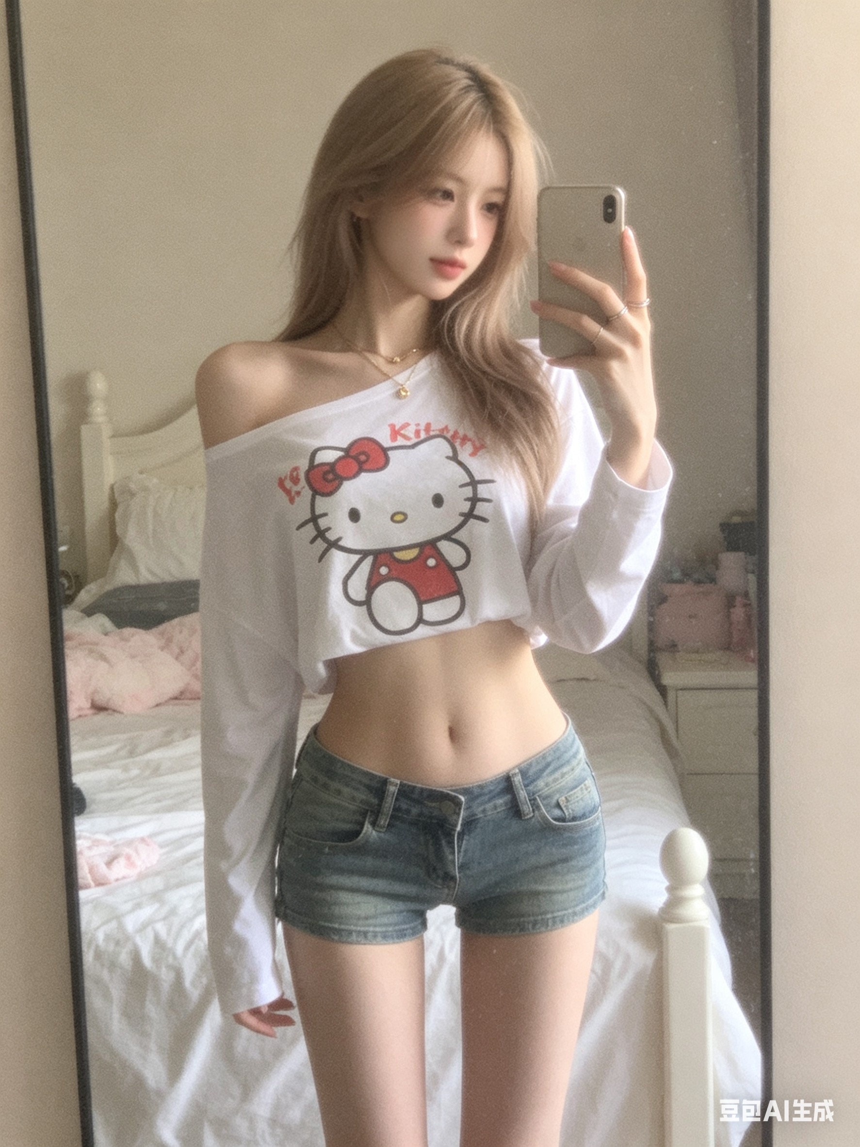 普通卧室落地镜前的年轻成年女性自拍，身形高瘦修长，身材比例出众，奶茶棕偏金发色，发丝边缘出现轻微柔光过曝，脸没有多余饰品，仅细款叠戴金色锁骨链和简约戒指，穿斜肩宽松短款露脐白色上衣，衣服上有清晰“Hello Kitty… - AI提示词参考图，来自西西提示词