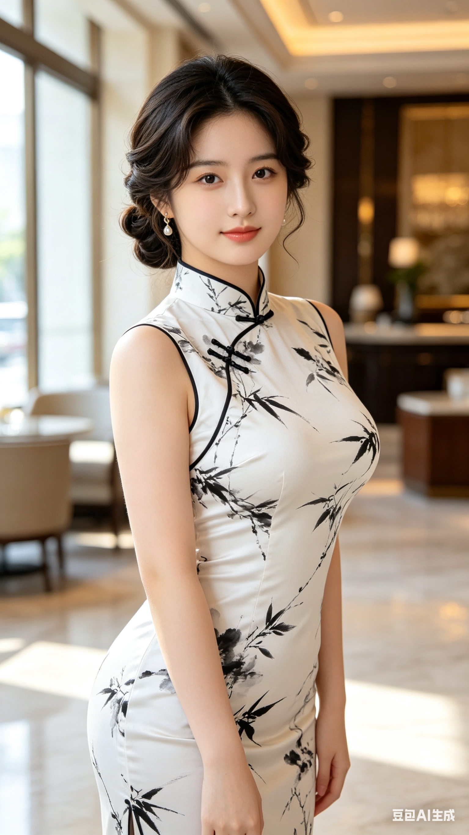 高质感酒店写真，一位 16岁中国女孩子，冷白皮，皮肤白皙细腻，绝美鹅蛋脸，波浪低盘发，穿白色底黑色水墨画图案的无袖紧身旗袍，体态丰满匀称，富态圆润，曲线优雅自然，半身像，微微侧身站姿，背景是明亮高级酒店室内，窗外自然光… - AI提示词参考图，来自西西提示词